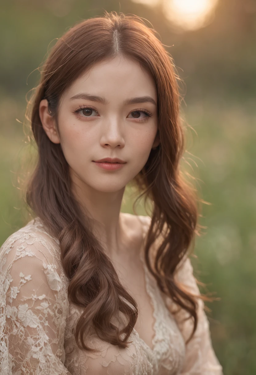 (Realistic lighting, best qualtiy, 8k, tmasterpiece:1.3)), sharp fokus:1.2,There was a young woman sitting by the grass，Fine side contour of young woman， Mountain creek，With sunset, ，Ultra-fine face，Realistic facial features，Fine eyes，二重まぶた，Delicate mouth，small detailed，realisticlying，Ultra-realistic photos，（exteriors，In the daytime：1.1）