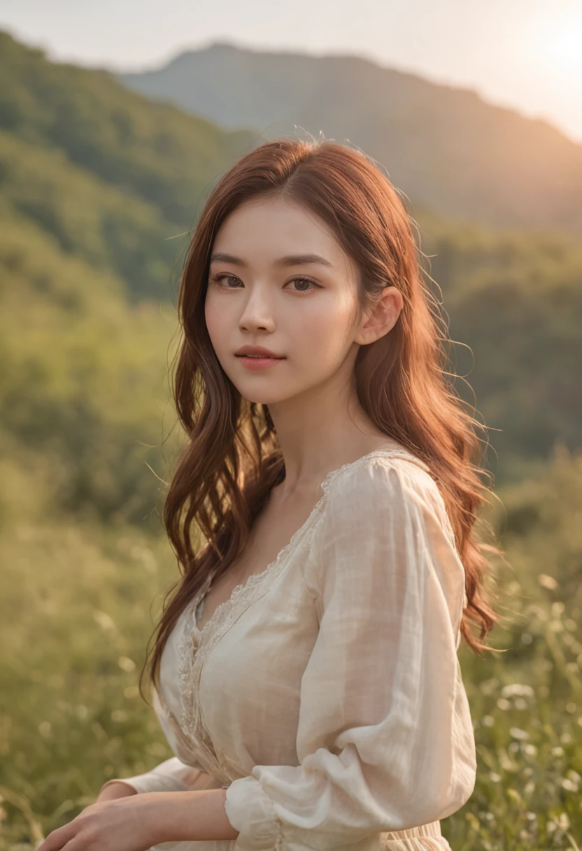 (Realistic lighting, best qualtiy, 8k, tmasterpiece:1.3)), sharp fokus:1.2,There was a young woman sitting by the grass,Fine side contour of young woman, Mountain creek,With sunset, ,Ultra-fine face,Realistic facial features,Fine eyes,二重まぶた,Delicate mouth,small detailed,realisticlying,Ultra-realistic photos,(exteriors,In the daytime:1.1)