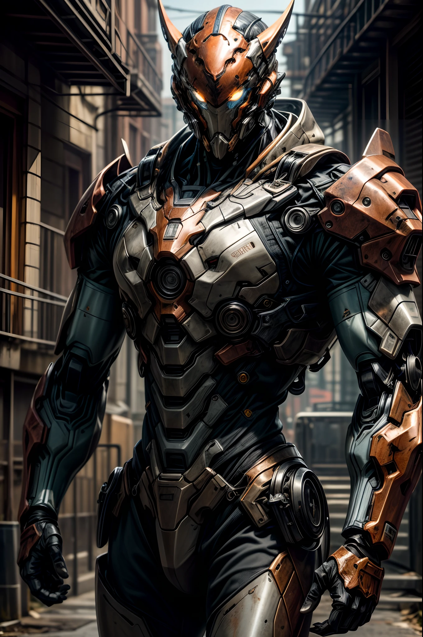 (((An epic and visually stunning digital anime masterpiece, by st theo:1.4, art piece featuring a sylphlike ((masculine male:1.5)) elegant military cyborg soldier clad in a sleek yet tactical armored yet decorated military trench coat:1.3))), (((flat masculine male chest:1.5, mechanical demon robot head with a hood, optical sensors, bar visor:1.5))), (((the character adorned in a (scifi tactical armored open front trench coat with a built in exoskeleton, hood pulled up), (((over a form fitted armor plated yet super sleek and sensually revealing under suit:1.6, thighs and waist exposed:1.5))), the armor plating on the upper arms and shoulders beautifully engraved))):1.4, The image showcases the intricacies of the character’s armor and clothing:1.5, ((capturing their flamboyant feminine essence and heavy mechanical art deco aesthetic:1.2)), The character also possesses an androgynous charm, (((with slim yet heavily muscled gorgeous feminine physique:1.2, sylphlike with a sleek waist:1.2, slim mechanical muscular armored torso:1.3, toned yet beautifully sleek cybernetic arms:1.3, mechanical arms and legs:1.3, mechanical muscles:1.3))), looking at viewer, (((brass metal armor and brown leather, dieselpunk:1.3))), (((depth of field, cinematic lighting, chromatic aberration, ray tracing, UHD, masterpiece, top of head covered, super detail, high details, high quality, award winning, 8k, highres, artificial muscle)))