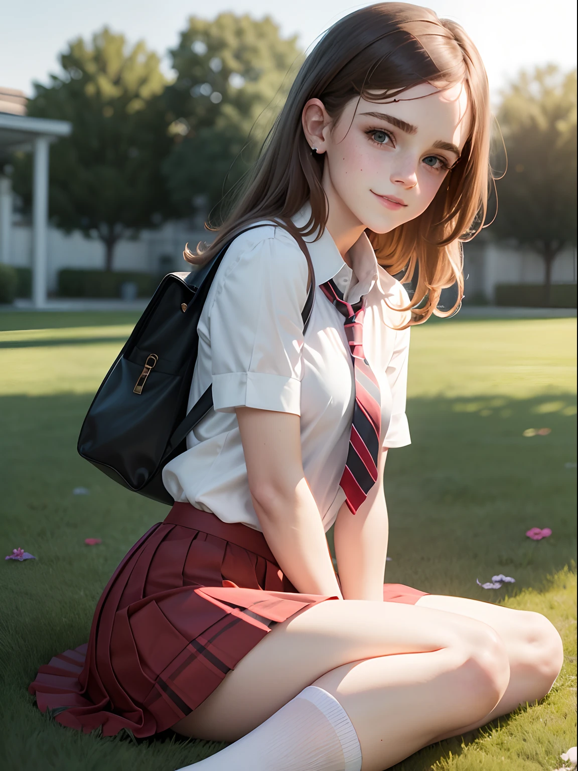 teen Emma Watson dressed in cute school uniform, red pleated skirt, white blouse, green striped tie, sitting on the grass in the garden, smiling