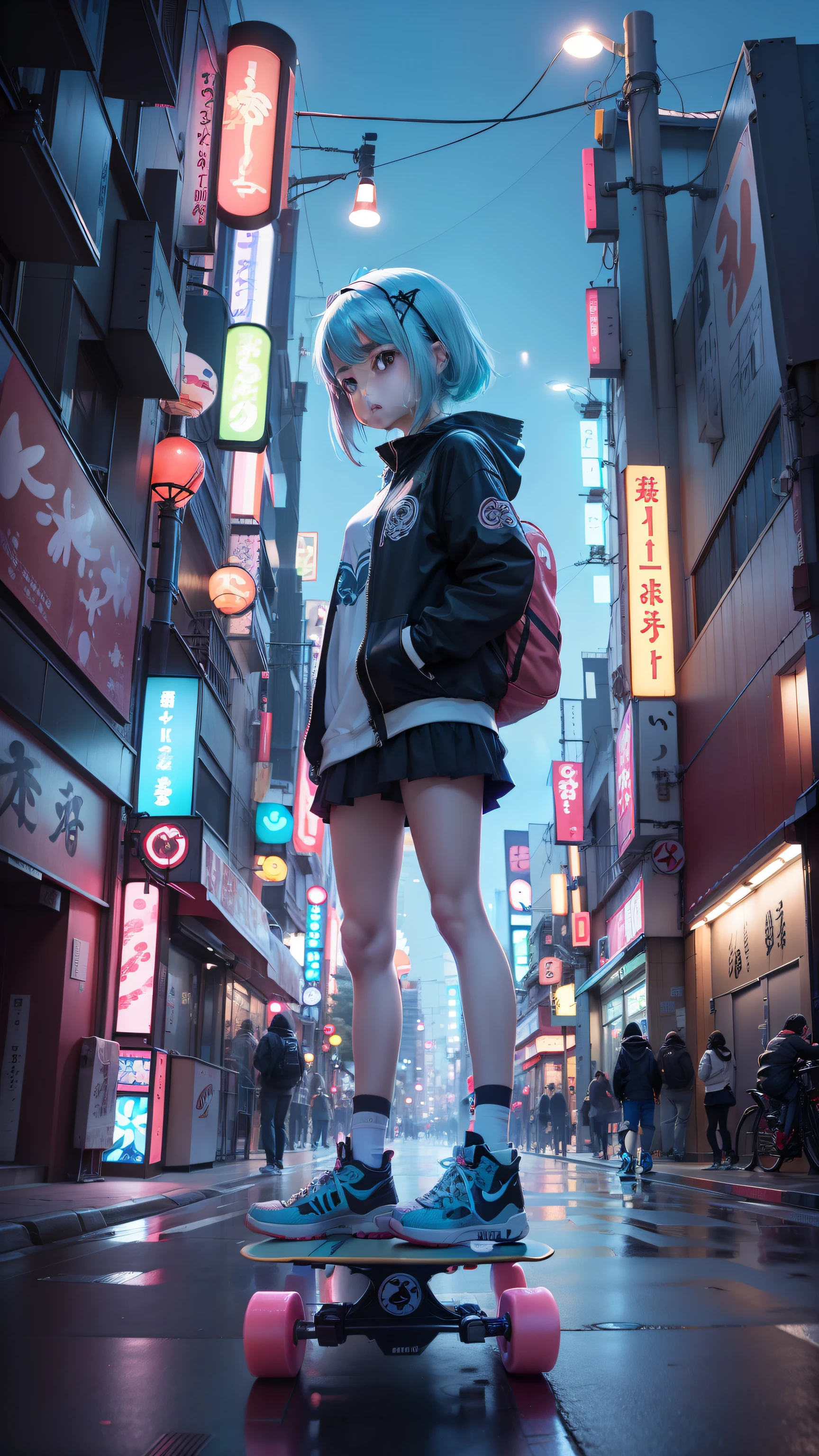 anime girl, standing on a skateboard, Tokyo, Bioluminescent