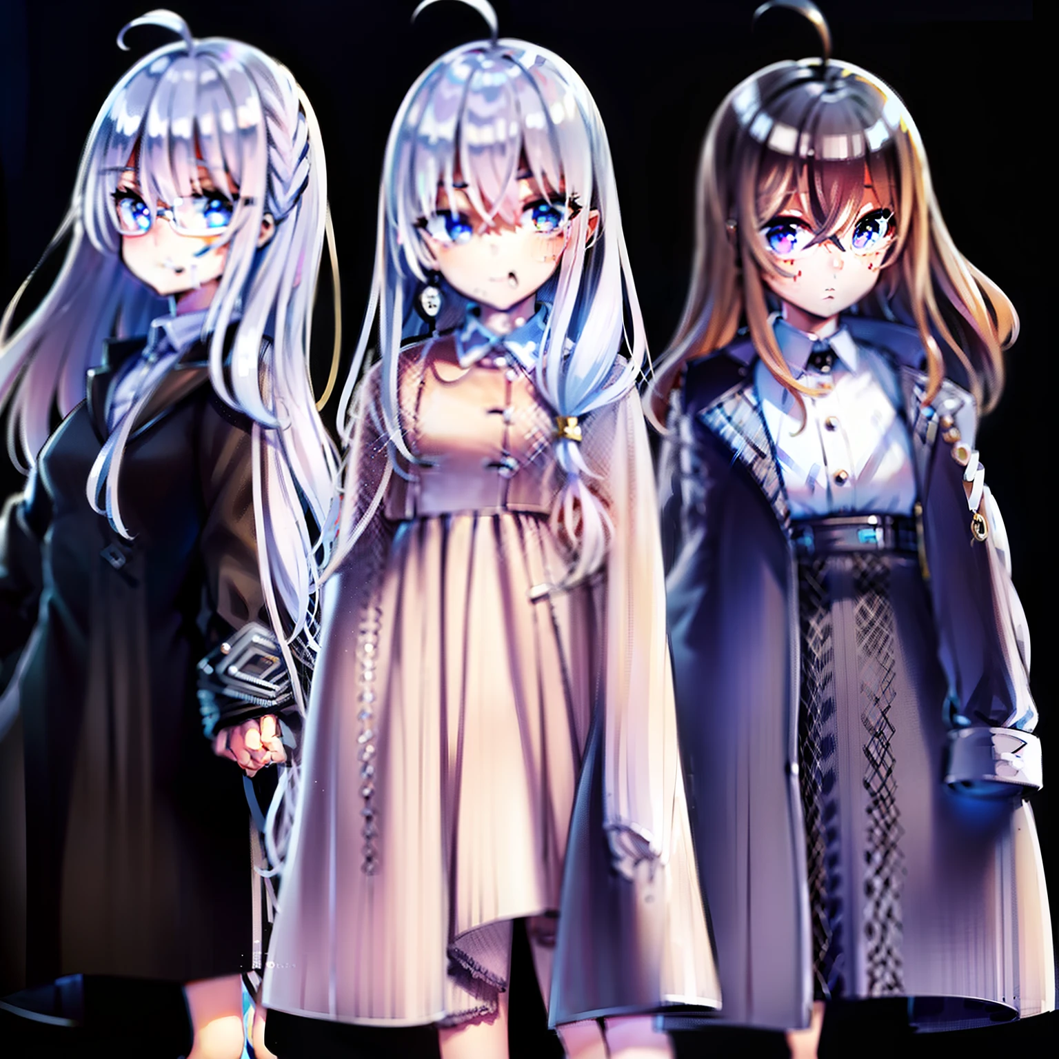 Three girls。A short haircut，strawberry blonde hair，Girl in black and white trench coat。One wears a blue-purple coat，white  clothes， girl with white hair。A brown-brown hair，Curls，Hair to shoulders，Round glasses ，black toga，Blue eyes，Flat-chested girl。