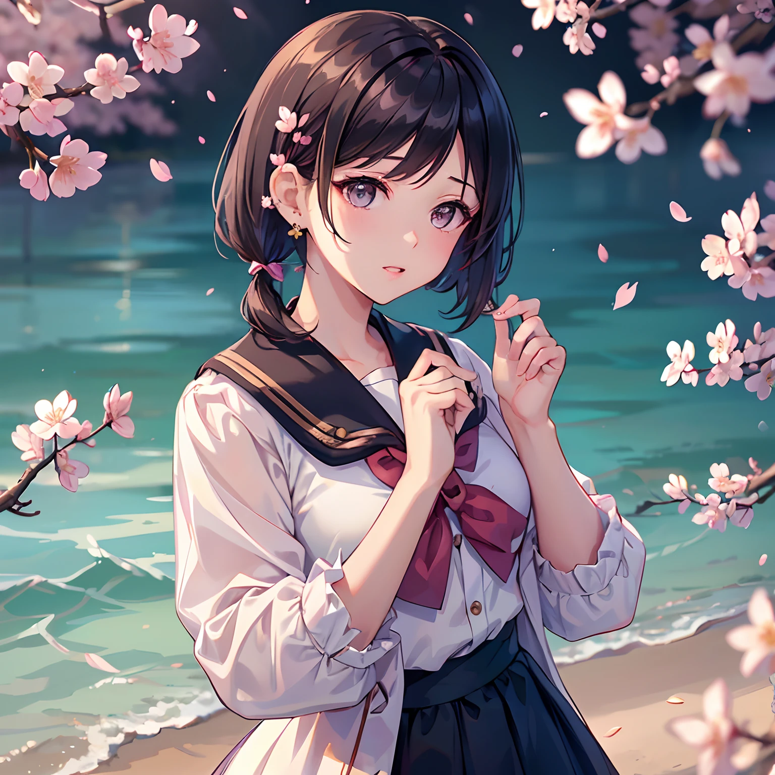(masterpiece), (portrait), (aesthetic), (beautiful), (upper blody), (high quality), (aesthetic clothings), (professional angle), (rule of thirds), (Feminine), (woman), (female), (beautiful),(feminine features), (23 years), solo, 1 woman, (attractive Japanese), Spring, Natural light, (Cute), Fresh Makeup, (Petite bust), ((holding a Sakura Branch)), (Angle face), (Playful expression), ((Excited)), Hair Clips, Ear Piercing, ((Short hair)), (Black hair), (Pigtails hair), (Straight hair), Shiny shine hair, (Ribbons in hair), (Brown eyes), (Kawaii look), (Fair skin), (Pastel Colors clothing), (Sailor Dress), (Cardigan), (Skirt), Peter Pan neckline), ((Cherry Blossoms background)), (- in background), (Close-up shot), beautiful hands, two hands, normal hands, two arms, complete hands, beautiful body, beautiful fingers, normal fingers, five fingers, five fingers, (Thumb index meddle ring little fingers), beautiful ears, normal ears, beautiful eyes, shiny eyes, beautiful mouth, beautiful lips,