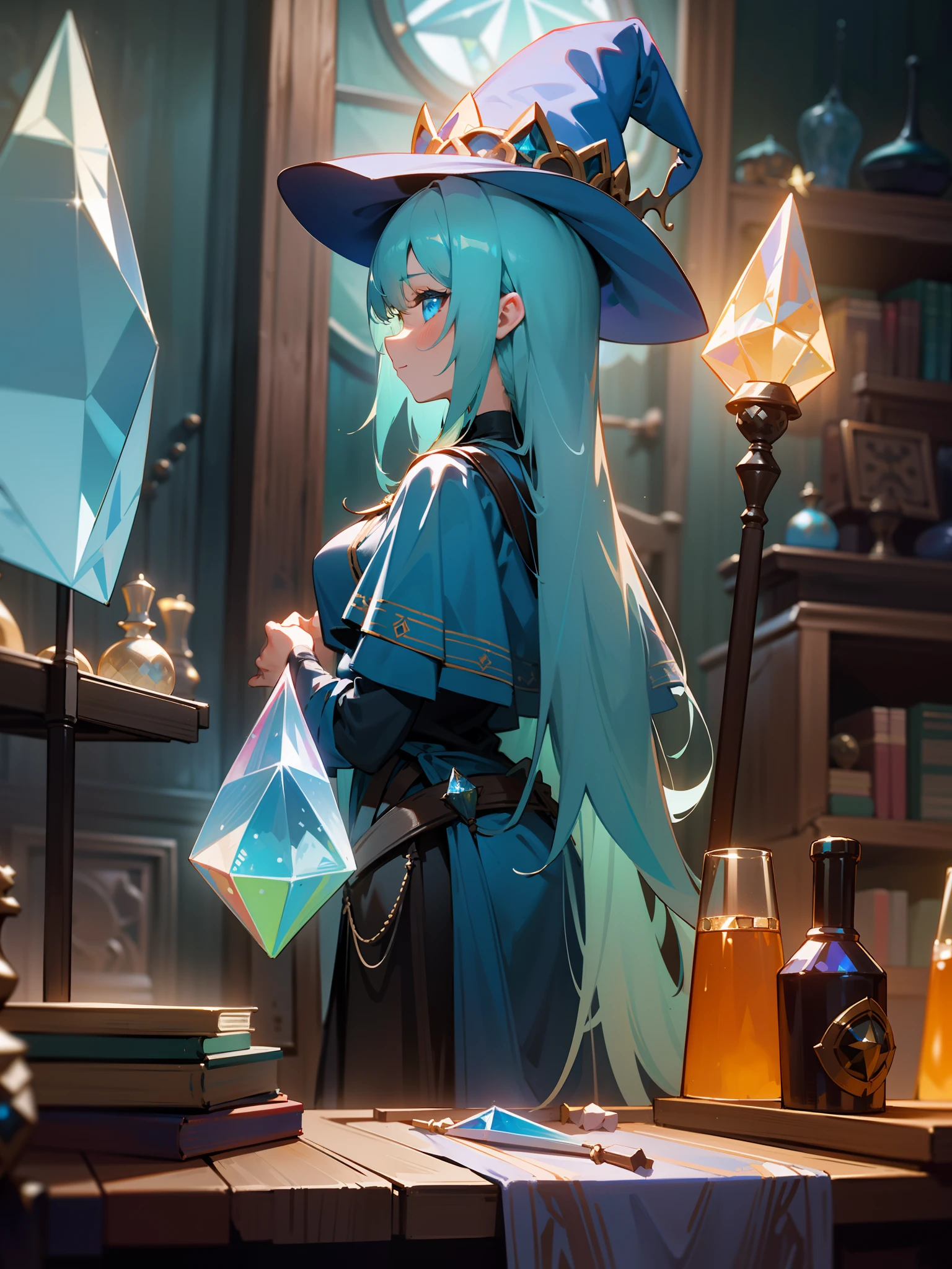 (4K, Masterpiece,The is very detailed),1girll,magestic,Wizard's Hat,(medium boob,Cute),(Watching from behind),Good body,(Side Body)fantasy concept art, Glowing blue dodecahedral crystal on wooden table ,(workshop),inside in room, Tools on the table, depth of fields,
