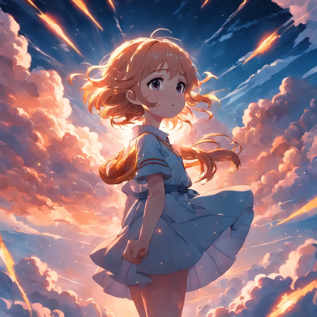 masterpiece, best quality, movie still, 1girl, cloud girl, floating in the sky, close-up, bright, happy, warm soft lighting, sunset, (sparks:0.7)