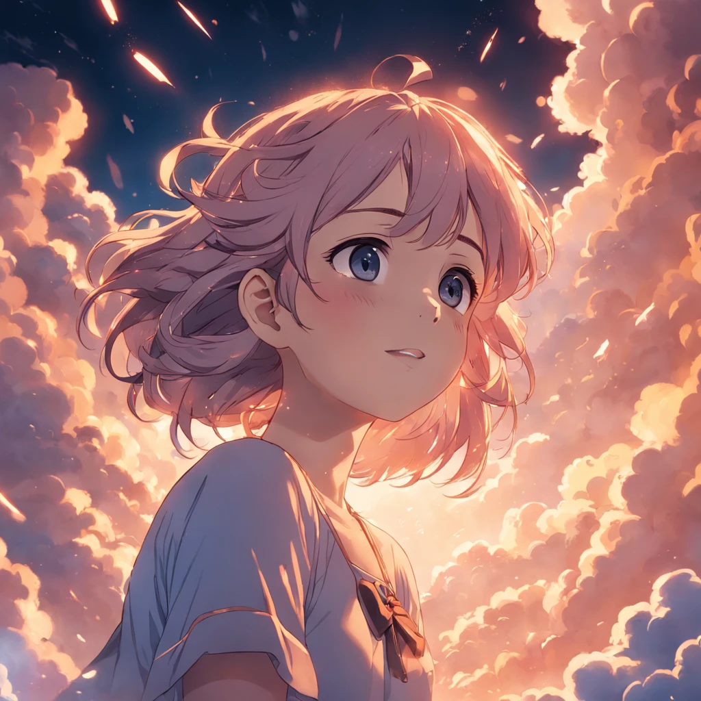 masterpiece, best quality, movie still, 1girl, cloud girl, floating in the sky, close-up, bright, happy, warm soft lighting, sunset, (sparks:0.7)