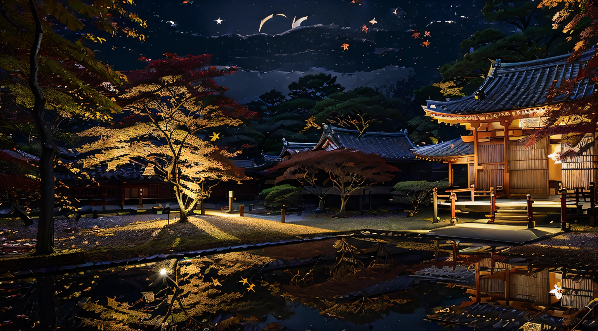 ((((night situation:1.5)))), An illustration of the scenery of the autumn leaves are depicted in a double layer due to the mirror reflection of Korin-in, Daitoku-ji Temple. at night, ultra-detailed, hyper-sharp, digital illustration, Place: Daitokuji Korin-in room Time: Autumn Subject: A specular reflection of autumn foliage The illustration depicts the specular reflection of autumn leaves on a table in the interior of Daitokuji Korin-in Temple. The table is in a room with a calm atmosphere like a tea room. The scenery of autumn leaves is clearly projected on the table. The scenery of autumn leaves is thought to have been seen from famous spots for autumn leaves such as the Sanmon Gate and Hojo in the precincts of Daitokuji Temple. The autumn leaves are dyed in various colors such as red, yellow, and orange, creating an atmosphere of autumn. (((In the illustration, the autumn leaves are depicted in a double layer due to the mirror reflection: 1.5))), which further emphasizes the beauty of the autumn leaves. In addition, the mirror reflection connects the interior and the landscape of the precincts, giving a sense of the depth of the space. Fittings such as shoji and fusuma in the room light from window Vividly expressing the colors of autumn leaves Emphasizing the beauty of autumn leaves by mirror reflection Expressing a space where the interior and the scenery of the precincts are connected