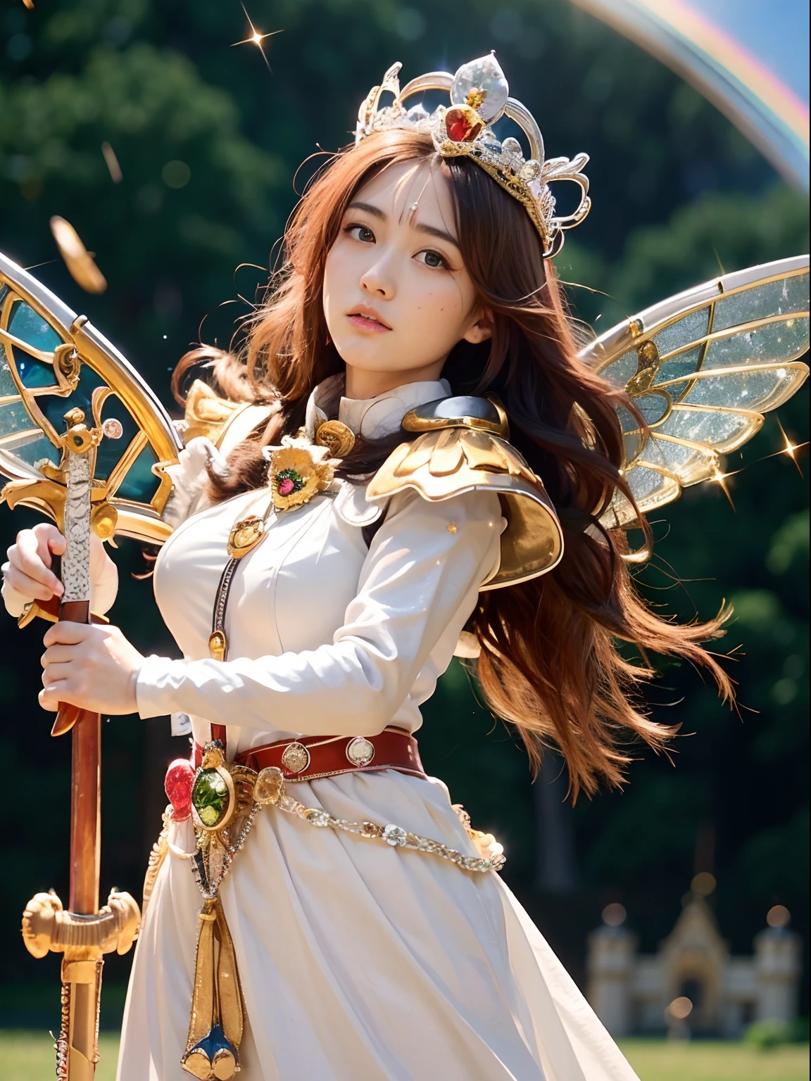 (masutepiece), Professional , masterpiece、top-quality、photos realistic , depth of fields (Gemstone Silver Metal Body:1.9),(Matt W White Pink、Jewel Gold Weapon、(Gorgeous castle background)、(ultimate beauty girl)、(Rainbow fairy wings grow)、Particles of light、(Metal body of iridescent gemstones:1.9),Gorgeous Jewel Metal Weapons , Detailed Sword of the Brave ,( a blond) ,warhammer 40k , adepta sororitas,Detail and ornate jewel crown、独奏、Brown hair、Mystical expression、(Gangle's forest background)、Beautiful Caucasian beauty、1a person、dynamic ungle,(((Diamond tiara with detail and luxury)))、a small face、Powerful poses、(Gorgeous castle background)、huge filesize、20 year old beautiful woman、Stand in the center of the screen、Thin female fingers、Straight long hair、Beautiful Caucasian beauty、(maikurobikini)、Hair fluttering in the wind、face forwards、Look at viewers、(Armpit)、Armpit、