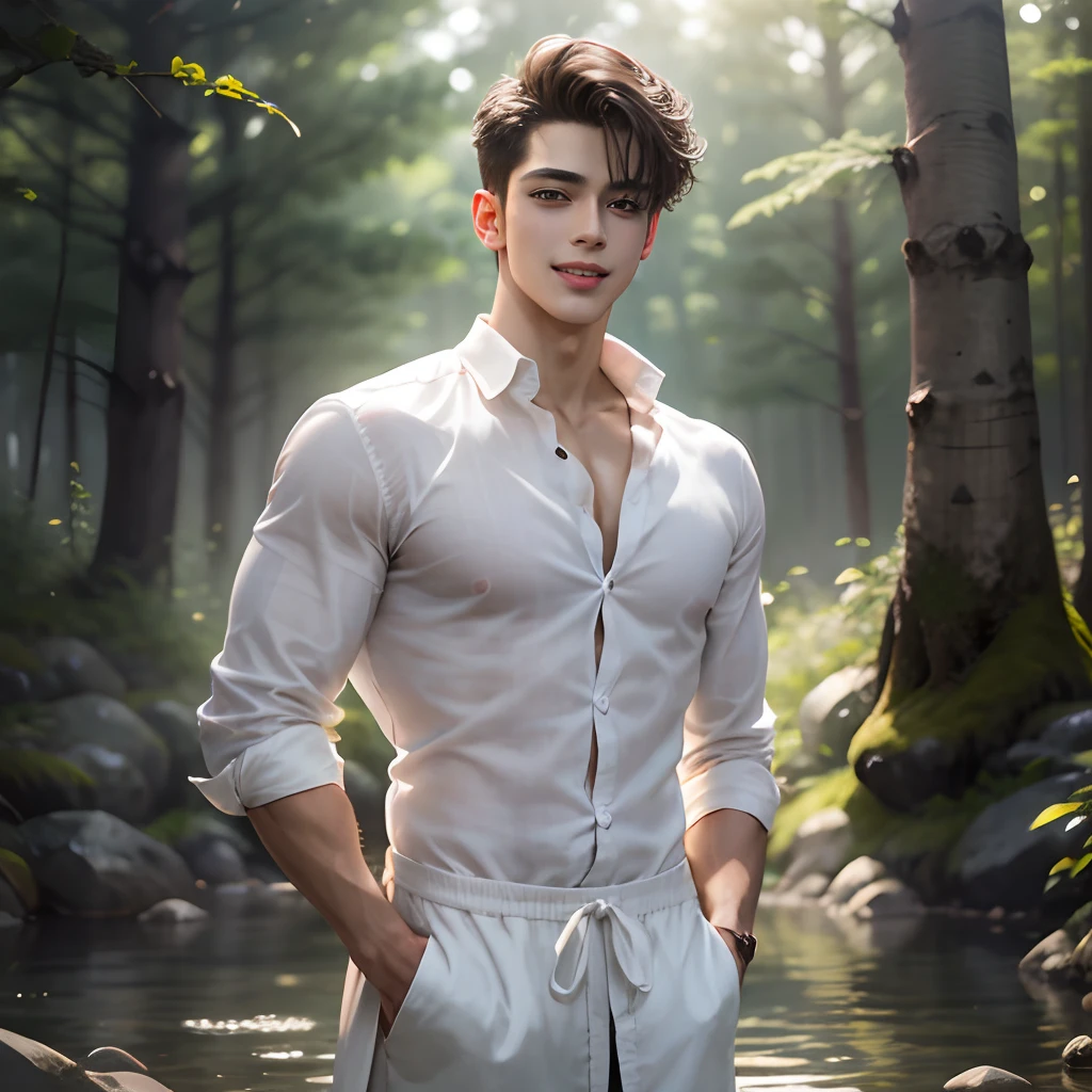1 Korean man, (male model) hot skin, masterpiece, best quality, most handsome man in the world, by Shen Quan, perfect body, beautiful male model, an attractive man 18-24 years old aesthetic, blossoms in spring, green fields, spring, plains, trees, flowers, blue sky, rough and handsome young man in white transparent robe, white transparent fabric, shirtless jacket shoulders, exposed chest muscles, exposed thighposed transparent white briefs)), (male focus), (smooth body)), smile, super cute, dynamic pose, cool and seductive, dramatic lighting, full body shot, full body shoot, young face, full body, body hair, chest hair, pube hair, big bulge, big dick,skinny tall, fit body, dominant, white or white skin, young face, firm body, hd, natural flesh tone, soft light, highly detailed, looking at the audience, photography, detailed skin, real person, realistic, photorealistic realistic, crazy detail, facial detail, facial hair, hype maximization, hype surrealism, film, telephoto, lighting complex detail , Highly detailed, Highly detailed, Digital painting, artstation, concept art, smooth, sharp focus, illustration, Unreal Engine 5, 8K, art by Ross Tran and Greg Rutkowski and Alphonse Mucha, UHD, 8k, Show men only .8k Ultra HD, DSLR, dim lighting, high quality, film grain, Fujifilm XT3, male fan, 2-person, two-person model.