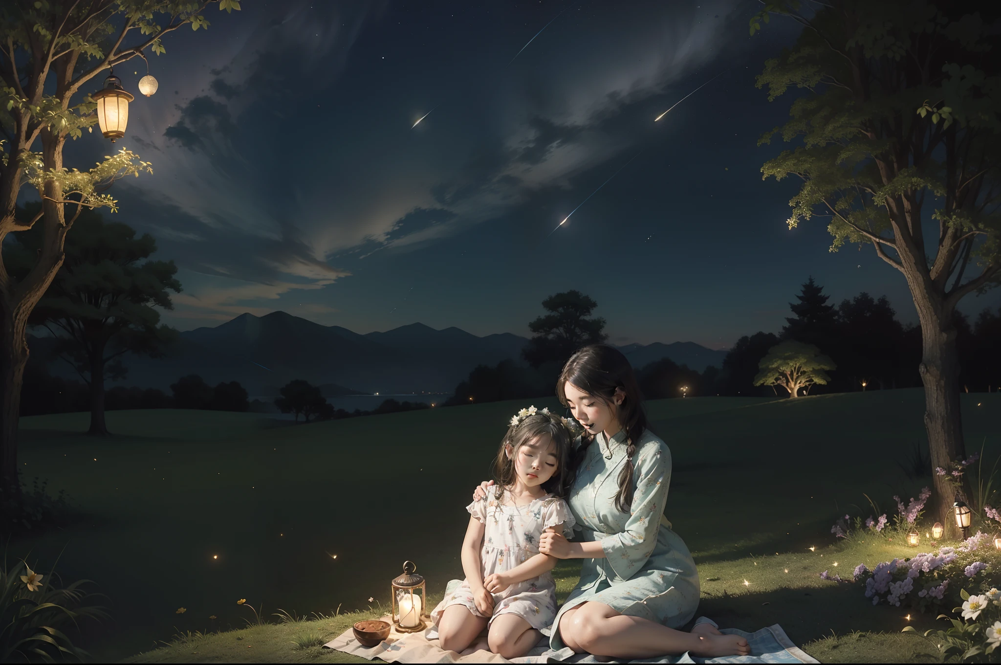 A little girl and her mother sitting together on the grass, under a tree, looking at the starry night, a big dog sleeping. Flowery garden with some antique Chinese lamps. Crescent moon on the sky, some cirrus clouds. Summer night. Tranquility. Swarm of Fireflies. Highly detailed. Very softly illuminated by lamps and fireflies.
