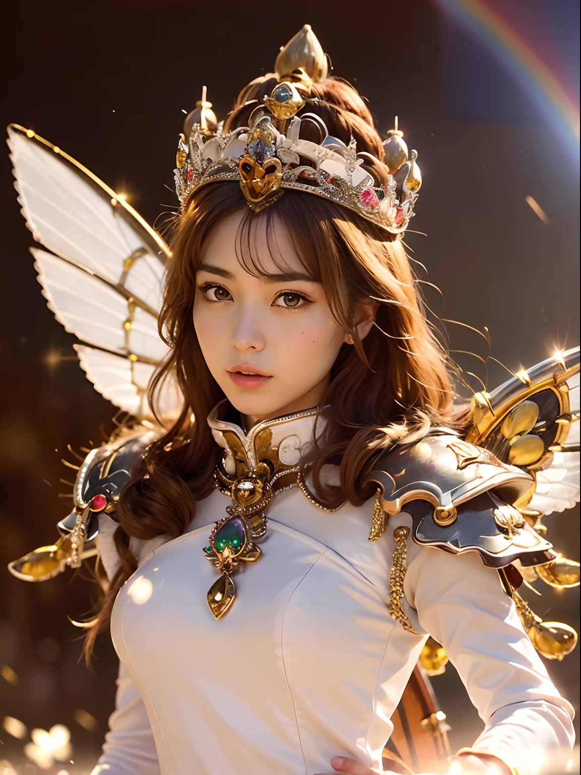 (masutepiece), Professional , ​masterpiece、top-quality、photos realistic , depth of fields （Gemstone Silver Metal Body:1.９),(Matt W White Pink、Jewel Gold Weapon、（Gorgeous castle background）、（ultimate beauty girl）、（Rainbow fairy wings grow）、Particles of light、（Metal body of iridescent gemstones:1.９),Gorgeous Jewel Metal Weapons , Detailed Sword of the Brave ,（ a blond）   ,warhammer 40k , adepta sororitas,Detail and ornate jewel crown、独奏、Brown hair、Mystical expression、（Gangle's forest background）、Beautiful Caucasian beauty、１a person、dynamic ungle,(((Diamond tiara with detail and luxury)))、a small face、Powerful poses、（Gorgeous castle background）、huge filesize、20 year old beautiful woman、Stand in the center of the screen、Thin female fingers、Straight long hair、Beautiful Caucasian beauty、（maikurobikini）、Hair fluttering in the wind、face forwards、Look at viewers、（Armpit）、Armpit、