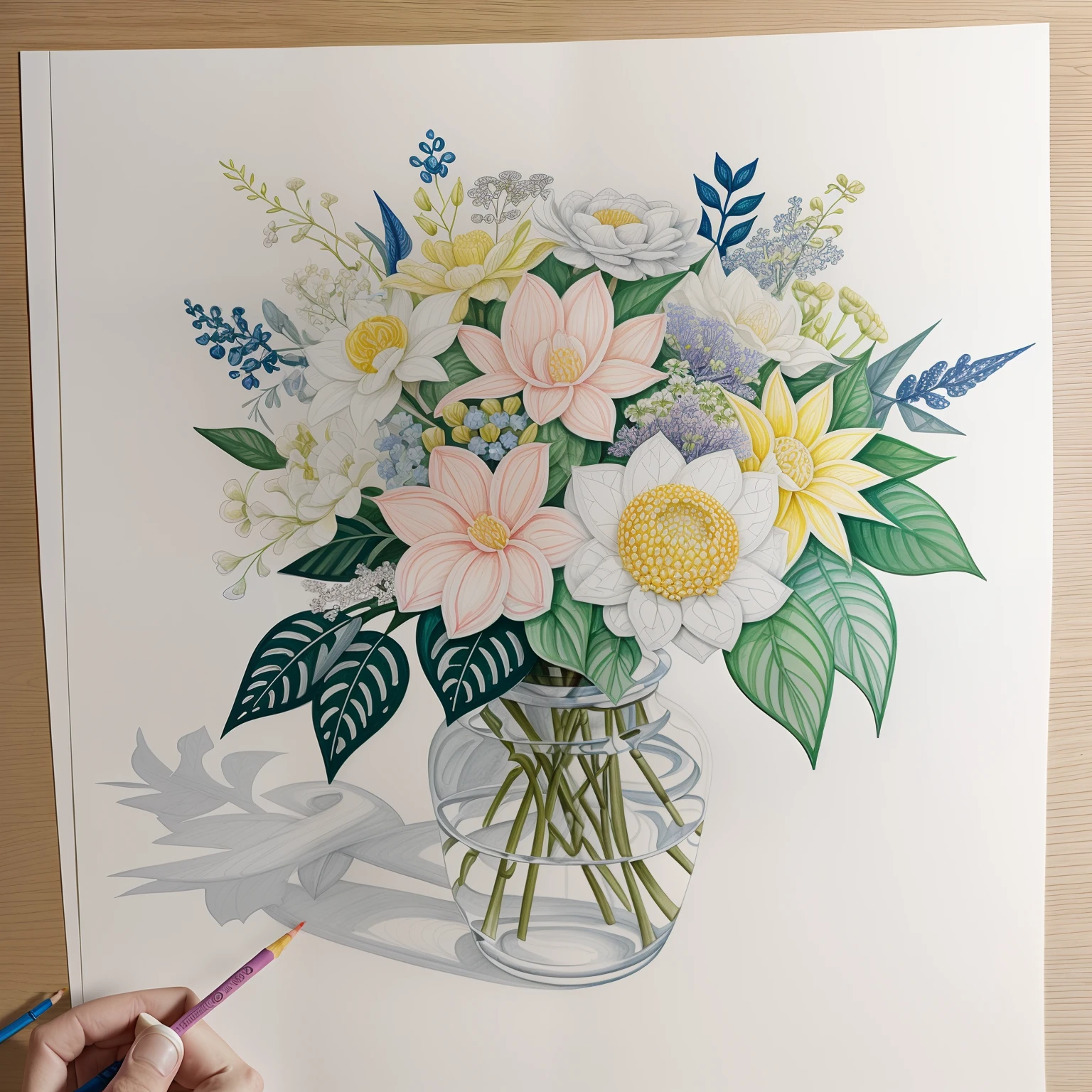 Coloring A bouquet made of leaves and flowers tied with ribbons....., Draw black and white lines. Draw a 3D line, pale, no background, Shadowless, 8K high-detail lines, 8K highly detailed lines, Highly detailed drawings, In Gouache detailed drawings, Gouache illustration. Matt, Highly detailed drawings, Realistic detailed drawings, Realistic detailed drawings, Made from leaves, Detailed gouache drawings, Figure 2 of gouache, Highly detailed drawings