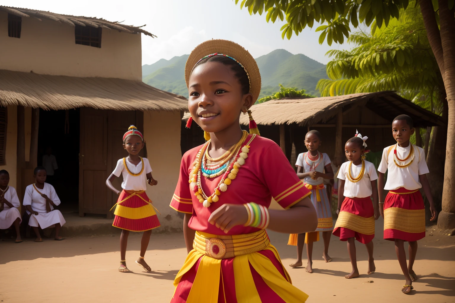 Date: 2015
Country: Equatorial Guinea
Description: A tween, dressed in traditional attire, practices a ceremonial dance on a sunlit village square, blending cultural heritage with youthful enthusiasm.