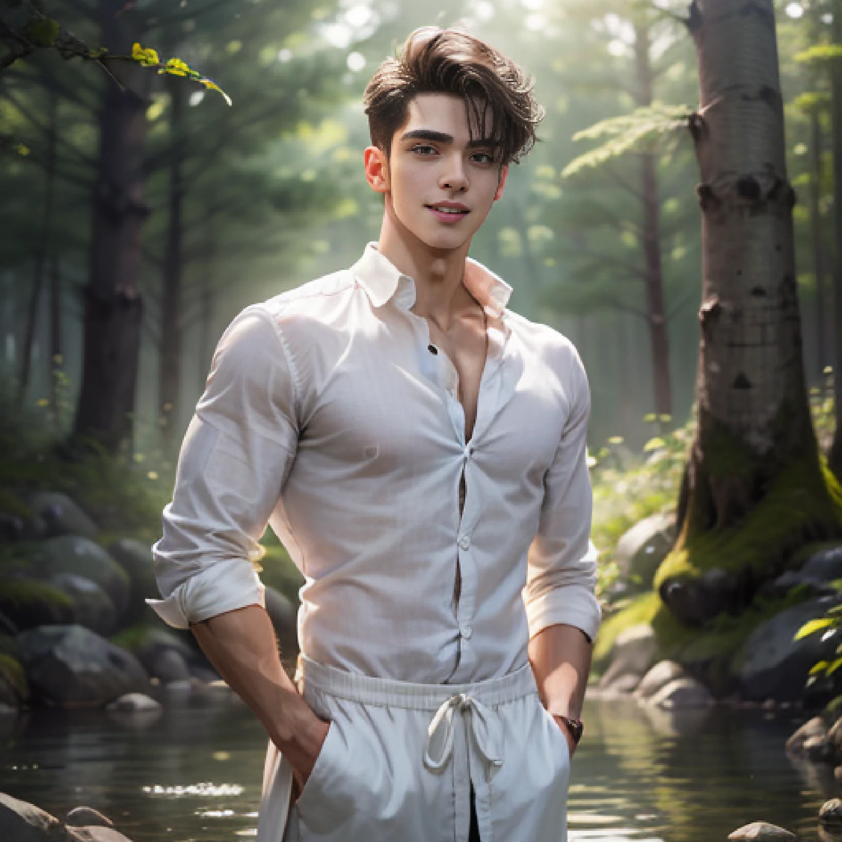 handsome 22 year old guy, ikemen, bishoune, beautiful face,semi realistic anime,masterpiece, naked completely, muscular, wearing white linen shirt standing in a forest, smiling , onsen, sweat, look at viewer, depth of field, bokeh, detailed background, detailed lighting, diffused natural skin glow, symmetry eyes,