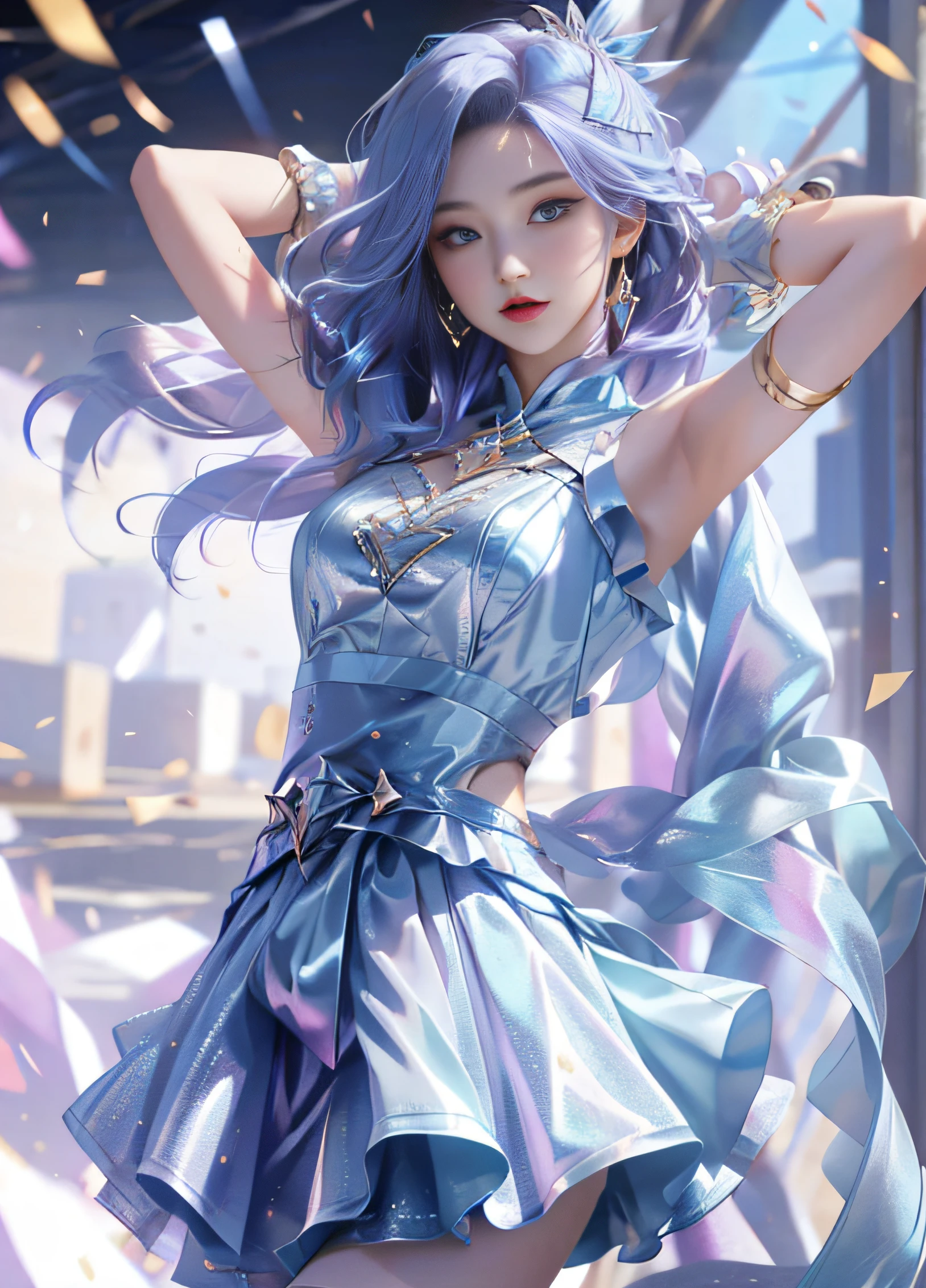 Best quality at best, 1girll, KDA, 独奏, long whitr hair, short detailed hair,short skirt,open waist,blue color eyes,flowy