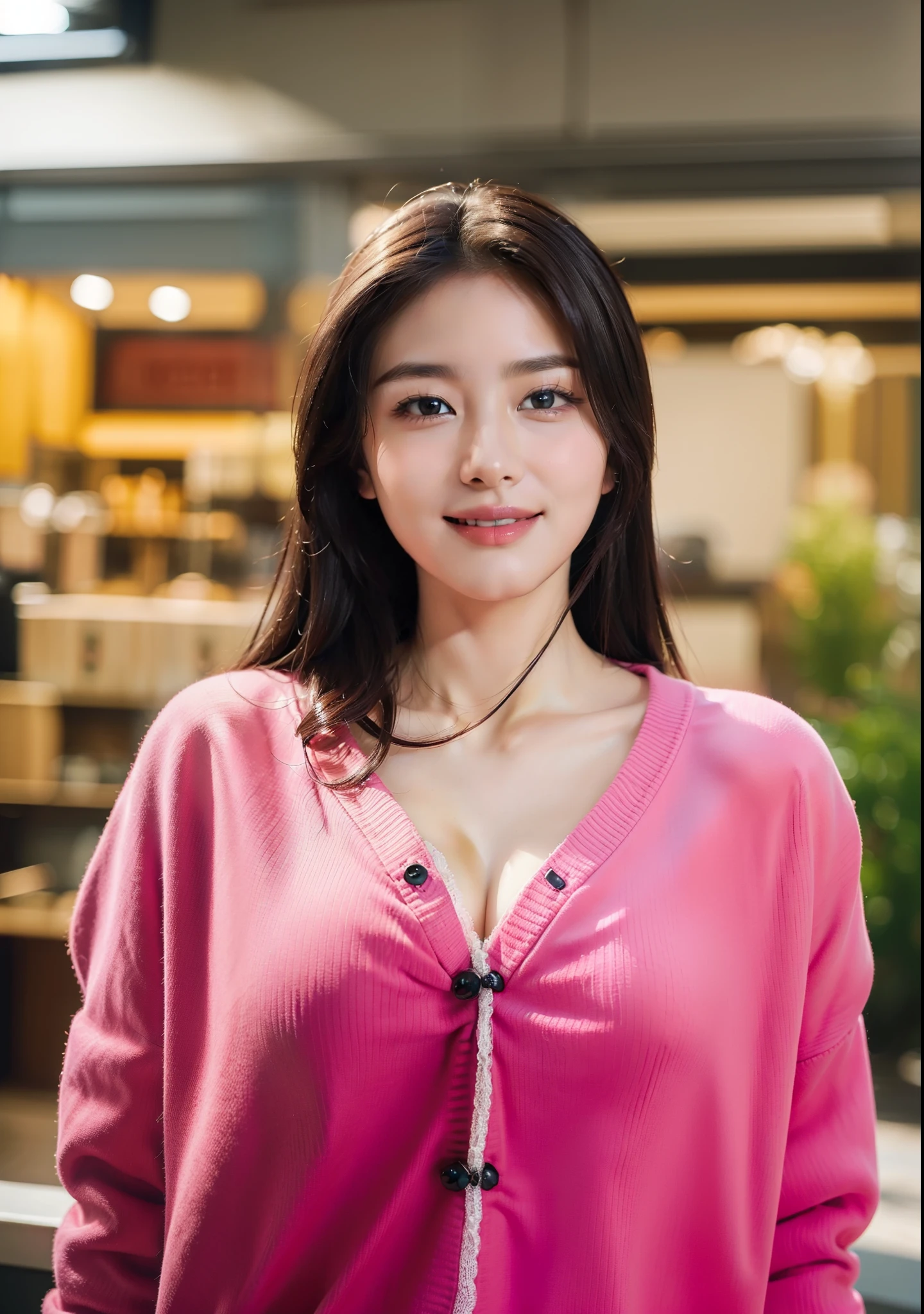 (top-quality、8k、​masterpiece:1.3)、Beautiful Women in Perfect Figure:1.4、dark brown hair、extremely detailed face and skin、A detailed eye、二重まぶた、huge tit、a smile、g-cup