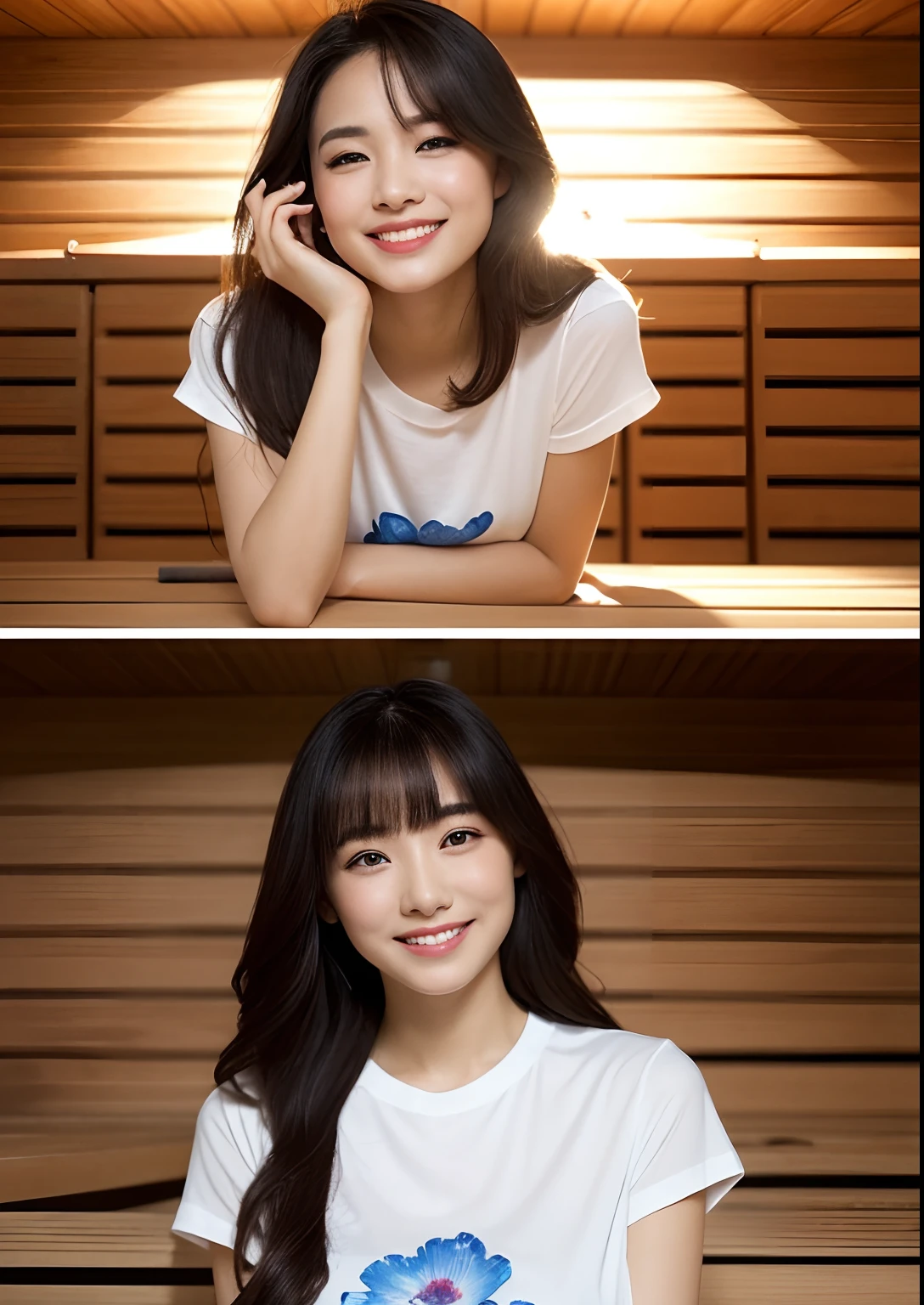 ((top-quality、8k、​masterpiece:1.3))、femele(Full body portrait、directly in front、a smile、T-shirt and hot pants、inside_sauna:1.6)、inside the house、White Room、Overhead camera、foco nítido:1.2、prety woman:1.4、((Hairstyle Random、floated hair))、Curry rice to the table、Highly detailed face and skin and hair texture、二重まぶた、de pele branca、beautiful delicate nose、Cute young Japan woman、27yo、With dynamic angles、While exuding sexual feelings characterized by soothing tones and contrasting mixes of light and shadow、Subject's hair、The eye、bocchi、While emphasizing the action、pleasing to the eye、It is a thought-provoking composition。