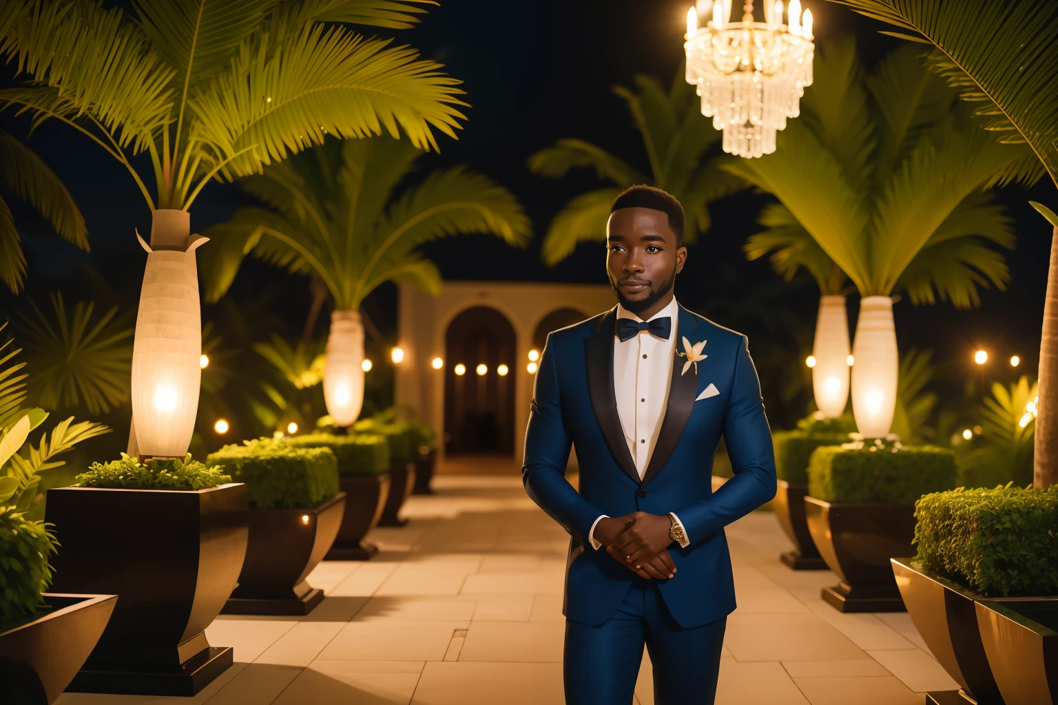 Date: 2022
Country: Equatorial Guinea
Description: An elegantly dressed adult enjoys a glamorous gala evening within a tropical palace, surrounded by lush gardens and illuminated by warm, cinematic lighting.