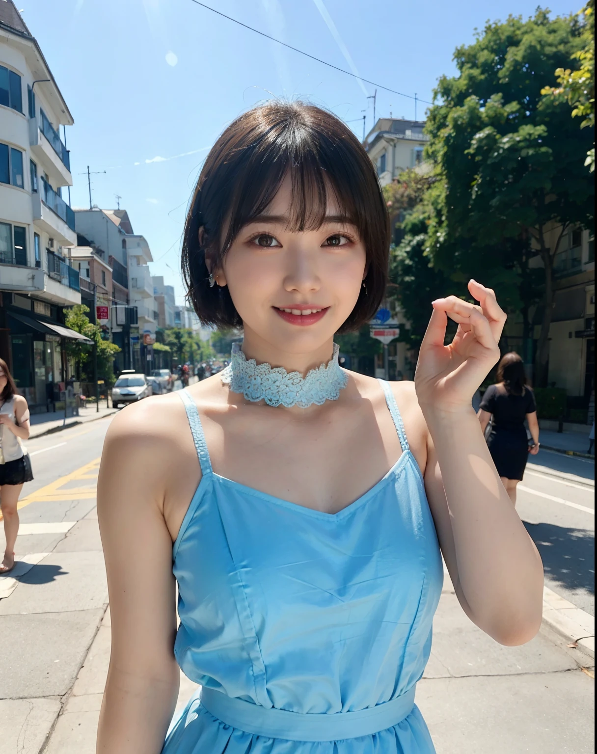best quality, ultra highres,realistic,solo idol girl,round face,happy smile,duck mouth,large breasts,White lace loose shirt emphasizing off-shoulder chest、,a sexy tight skirt,shiny reddish brown short hair,holding a camera in one hand and taking a selfie,holding a camera in one hand and taking a selfie,video taken with my camera,selfie photo,In front of a large aquarium tank,A group of multiple dolphins swim in a tank,realistic shadow,detailed skin, professional lighting,