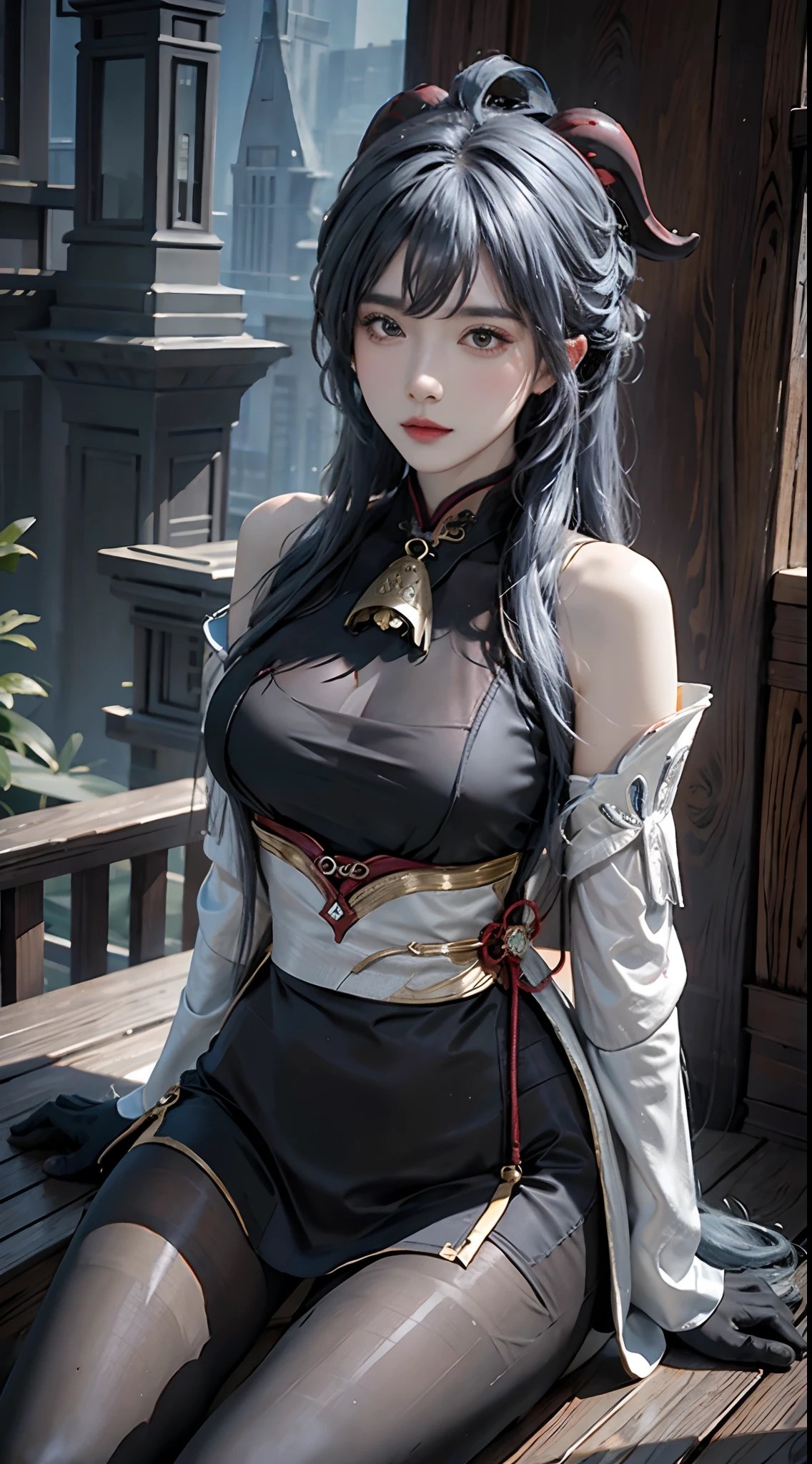 Photorealistic, high resolution, 1womanl, Solo, Hips up, view the viewer, (Detailed face), ahoge, architecture, bangs, Bare shoulders, bell, Black gloves, Black pantyhose, (Blue hair), Blush, Breasts, Chinese knot, Detached sleeves, east asian architecture, flower knot, mitts, Horns, Long hair, Ganyu \(Genshin Impact\)