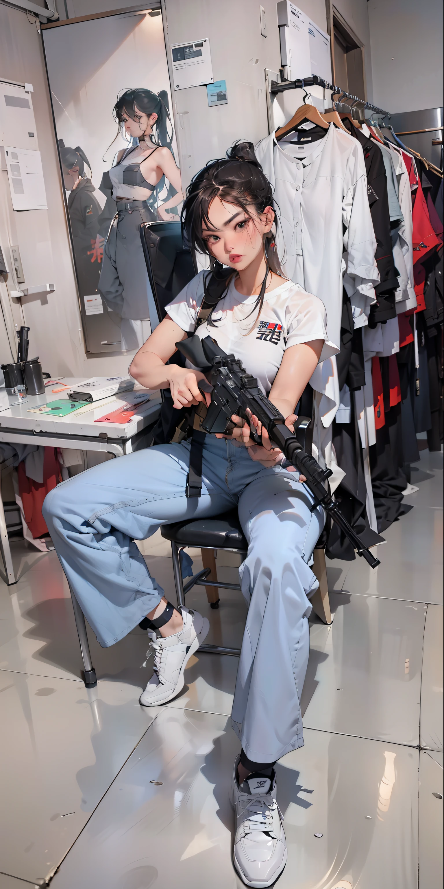 The woman sitting in the chair was in the room with a gun, with pistol, with rifle, photoshoot poses, inspired by Leng Mei, dramatic wielding gun pose, 2 0 2 0 fashion, ultra realistic ar 16:9, With a gun, real life size, 🕹️ 😎 🔫 🤖 🚬, cinematic —ar 16:9, MP5S