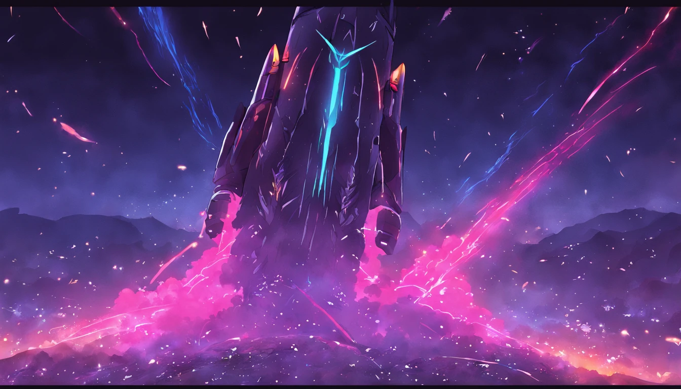 Black Outer Space, Distant stars, Neon Colored Jet flames from rocket ship, Neon plume of exhaust