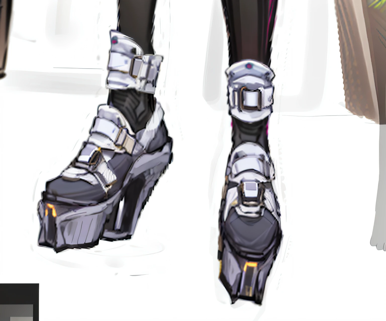 A close-up of a person in high heels and a skirt, thick warframe legs, Cybernetic legs, battle shoes, thick smooth warframe legs, Starfinder style, no more heroes concept art, heavy boots, cool shading, heavily stylized, styled like ghost in the shell, obsidian hooves, futuristic sneakers, jester shoes