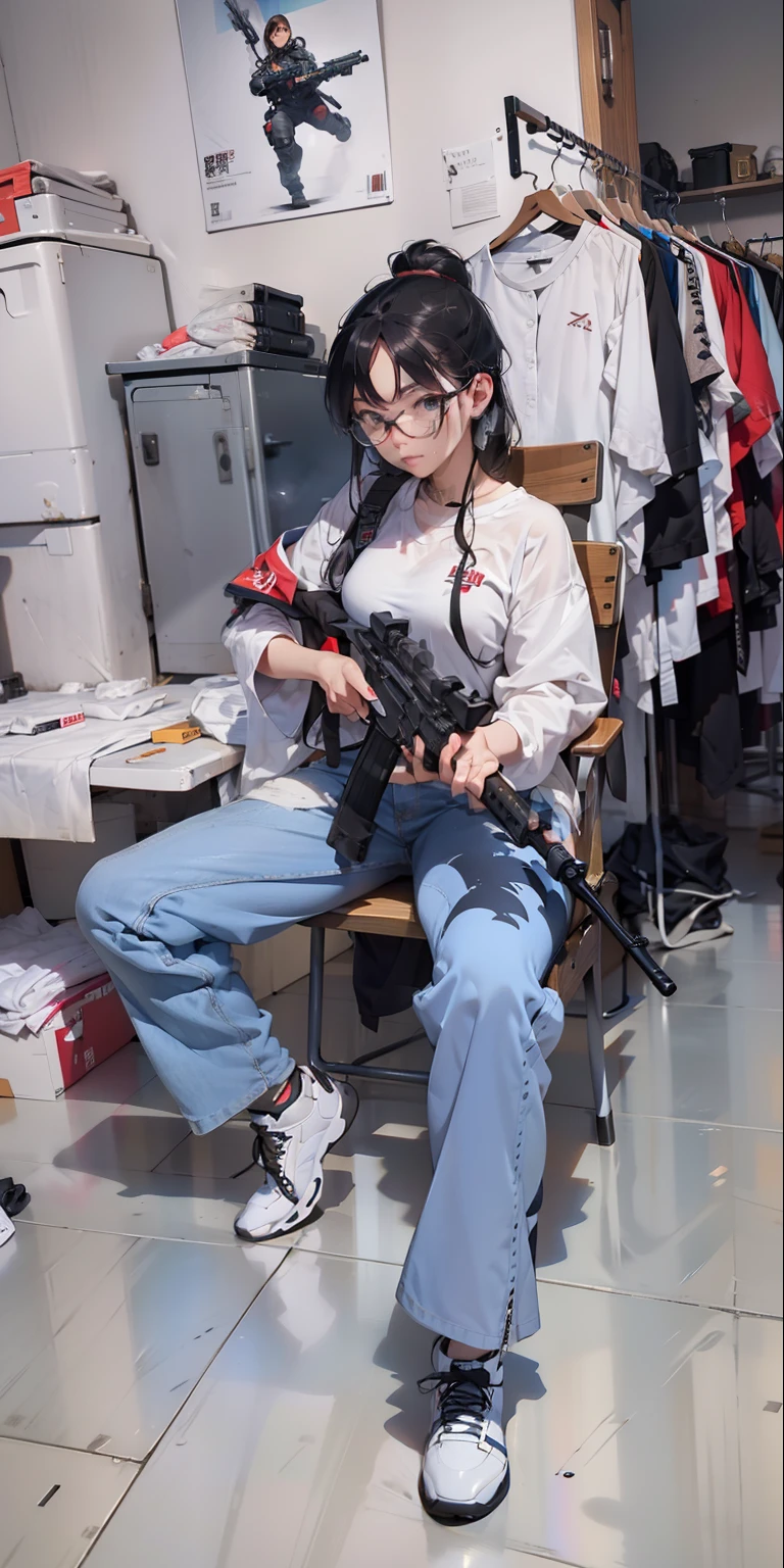 The woman sitting in the chair was in the room with a gun, with pistol, with rifle, photoshoot poses, inspired by Leng Mei, dramatic wielding gun pose, 2 0 2 0 fashion, ultra realistic ar 16:9, With a gun, real life size, 🕹️ 😎 🔫 🤖 🚬, cinematic —ar 16:9, MP5S