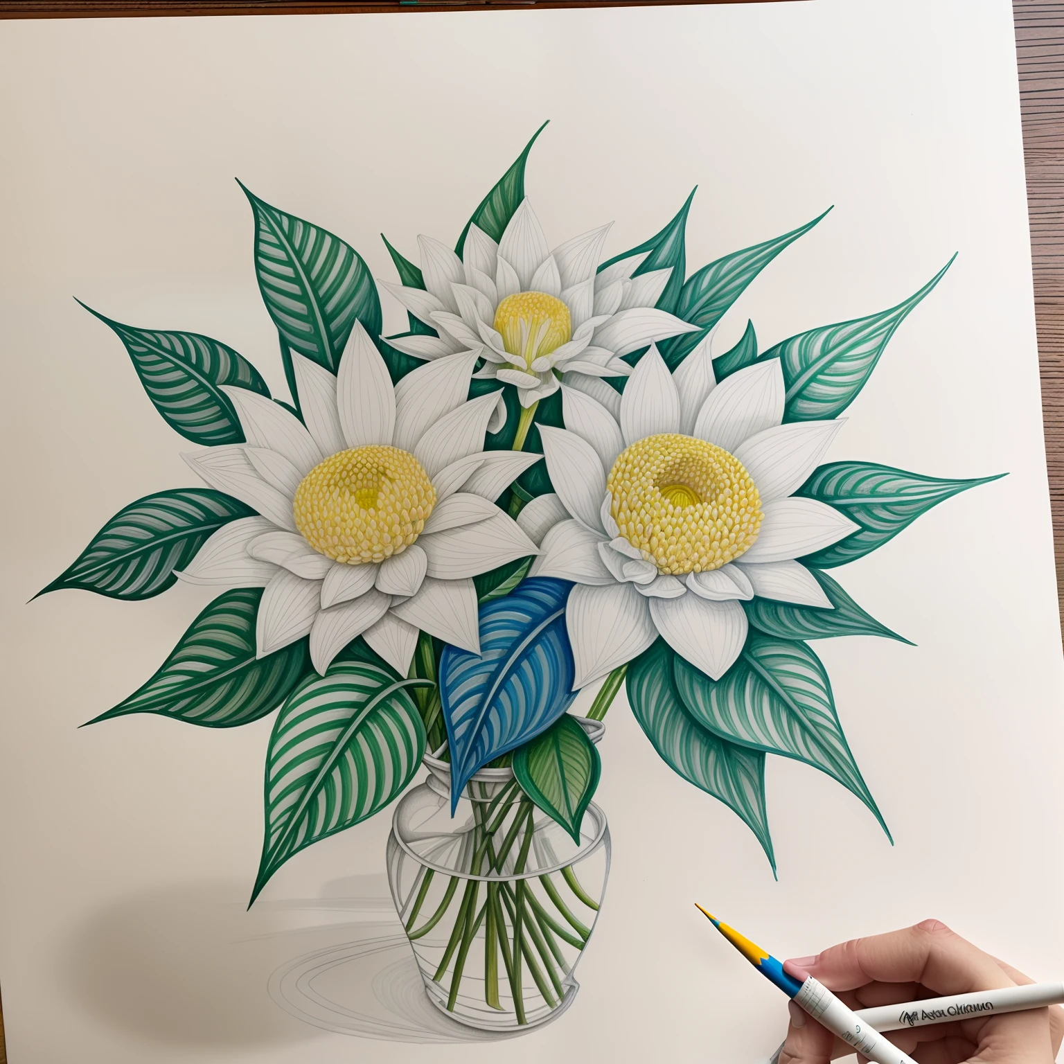 Coloring A bouquet made of leaves and flowers tied with ribbons....., Draw black and white lines.  Draw a 3D line, pale, no background, Shadowless, 8K high-detail lines, 8K highly detailed lines, Highly detailed drawings, In Gouache detailed drawings, Gouache illustration.  Matt, Highly detailed drawings, Realistic detailed drawings, Realistic detailed drawings, Made from leaves, Detailed gouache drawings, Figure 2 of gouache, Highly detailed drawings