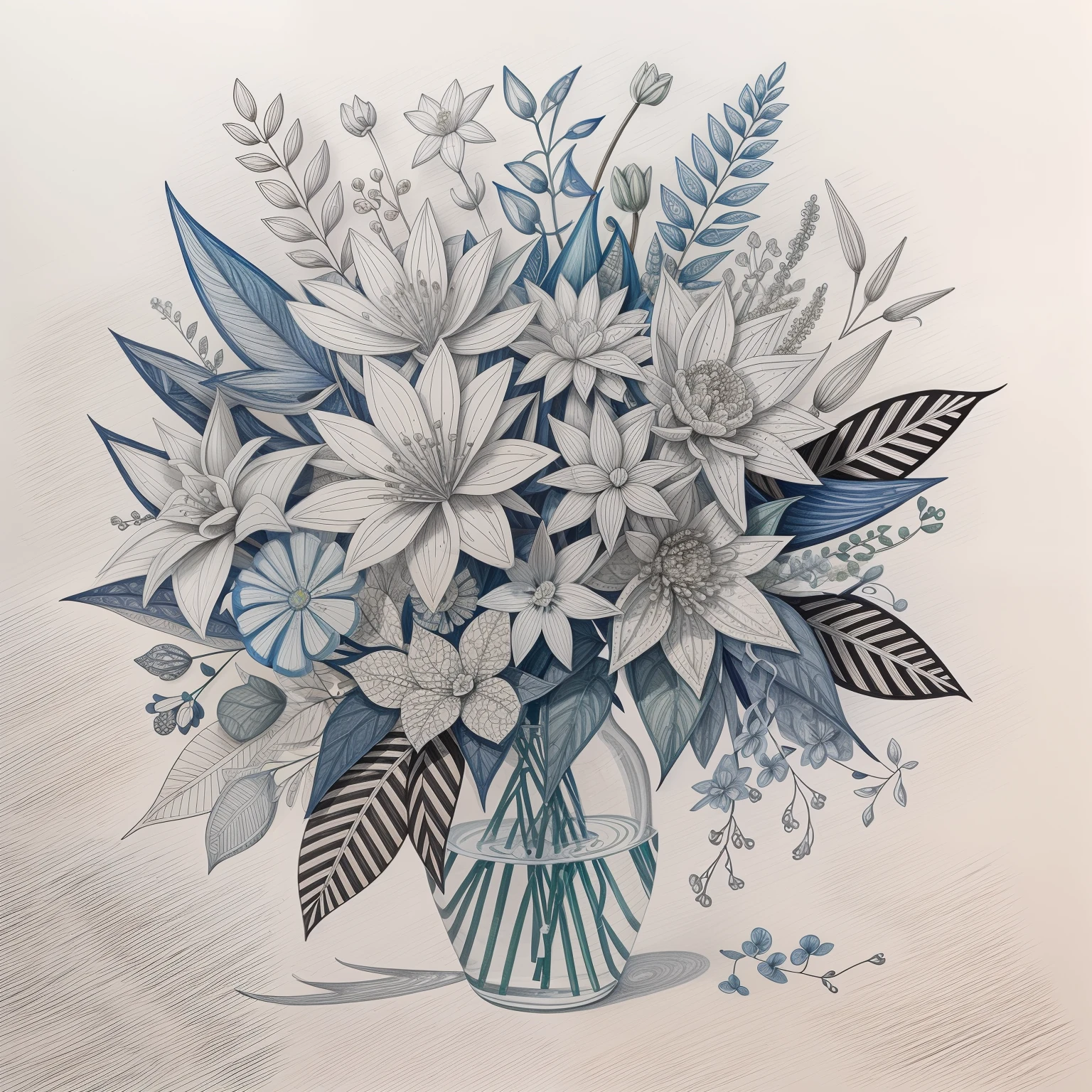 Coloring A bouquet made of leaves and flowers tied with ribbons....., Draw black and white lines.  Draw a 3D line, pale, no background, Shadowless, 8K high-detail lines, 8K highly detailed lines, Highly detailed drawings, In Gouache detailed drawings, Gouache illustration.  Matt, Highly detailed drawings, Realistic detailed drawings, Realistic detailed drawings, Made from leaves, Detailed gouache drawings, Figure 2 of gouache, Highly detailed drawings