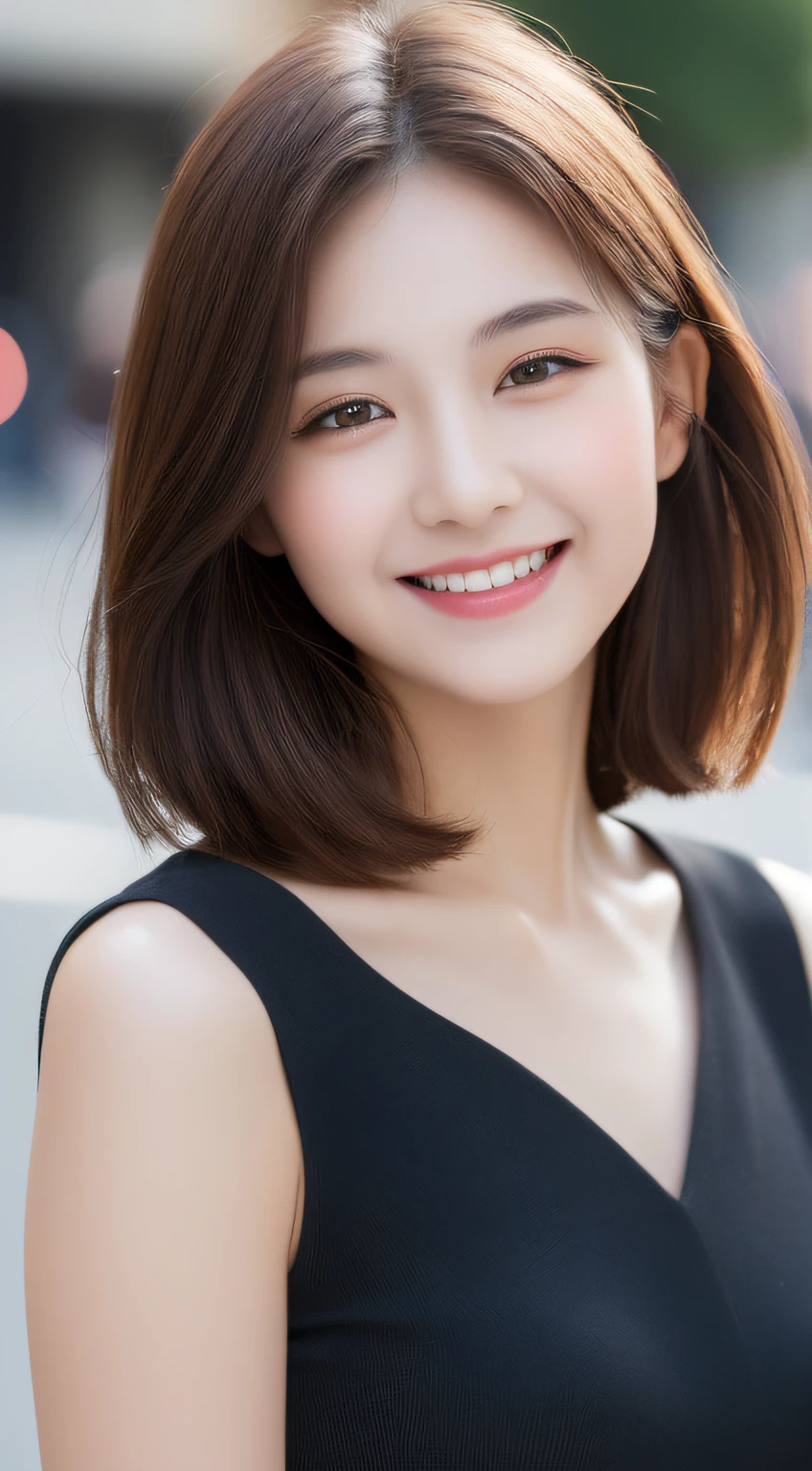 ((Best quality, 8k, Masterpiece :1.3)), 1girl, smiling, full body, slim face, Pretty woman, (Dark brown hair), full length dress :1.1, Ultra-detailed face, Detailed eyes, Double eyelid, blur background, slim face, city, outside, street,
