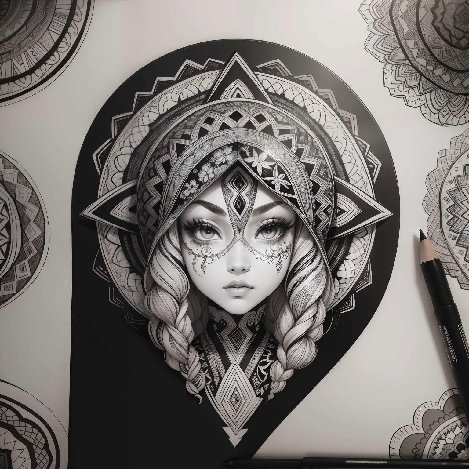 Zentangle, coloring book illustratio, black and white, fine line art, fine line drawing (brains),  Eduardo Kobra acolchoamento ,multidimensional geometric PORTRAIT wall, arte, chibi,
yang08k, lindo, colorido, obras-primas, qualidade superior, melhor qualidade, arte oficial, beautiful and aesthetic,