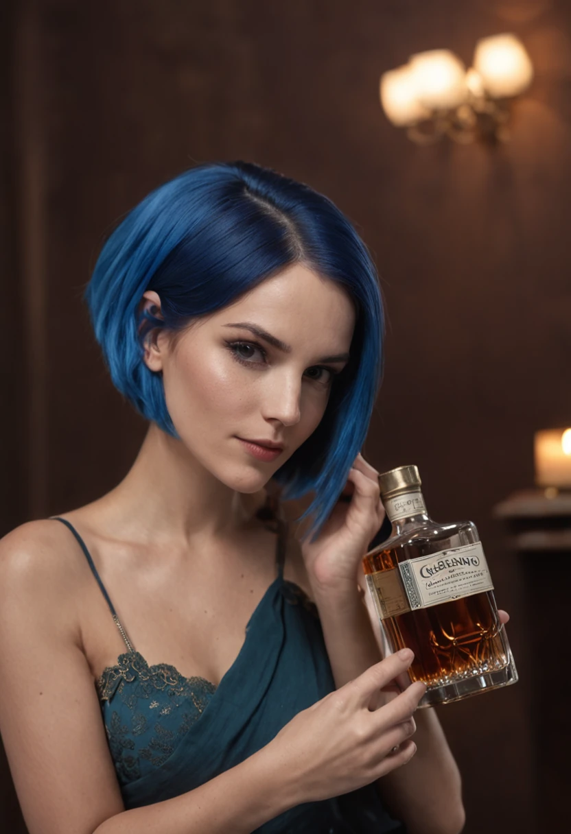 Arafed woman with blue hair holding a bottle of whiskey, segurando uma garrafa, fancy whiskey bottle, very fancy whiskey bottle, carregando um frasco de perfume, low quality video, holding flask in hand, garrafa de veneno hiper realista, whiskey bottle, 🔞🤡, potrait de corpo inteiro segurando garrafa, segurando uma bebida, segurando uma garrafa de arak, drinking whiskey