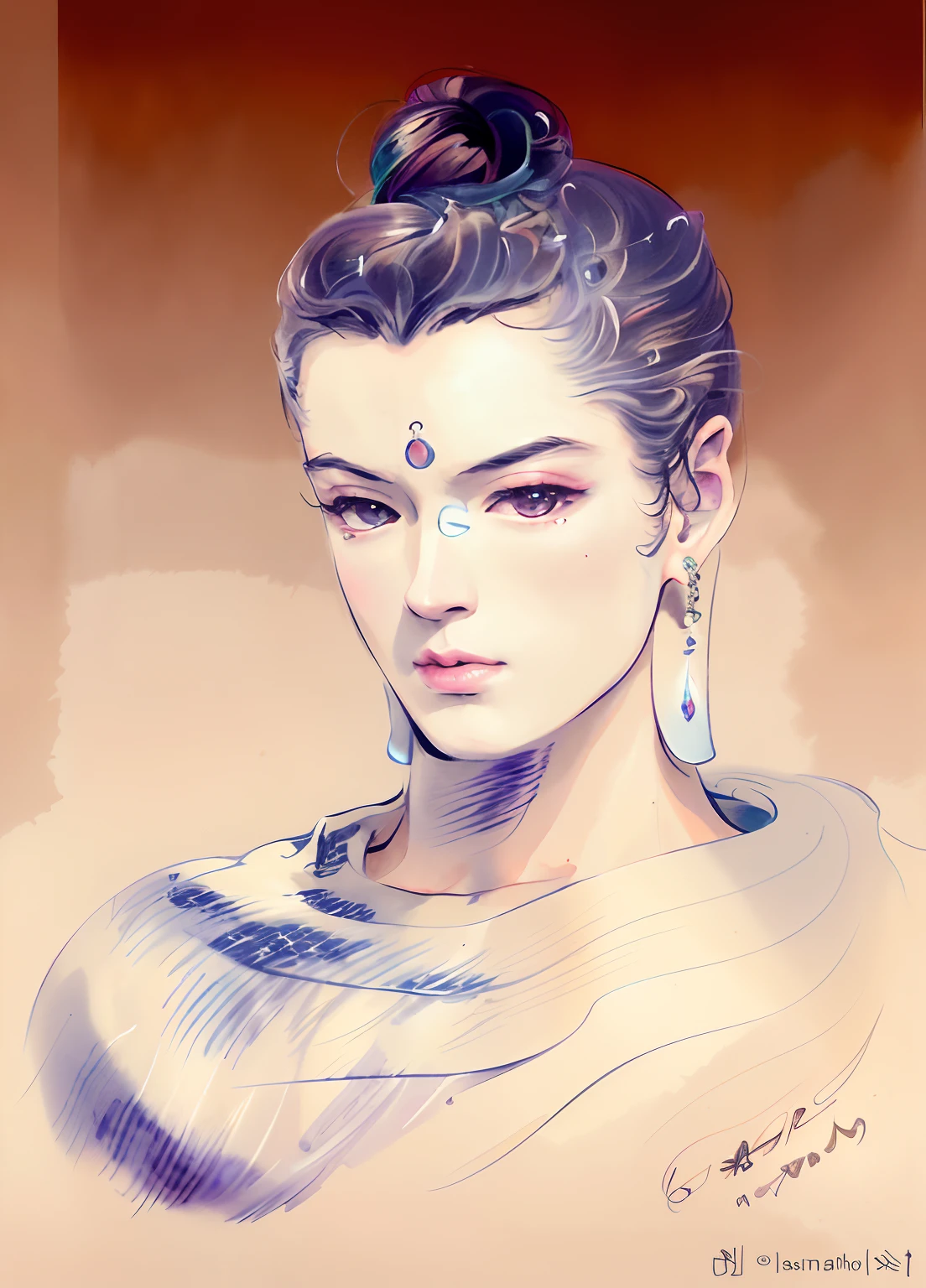 A painting of a woman with her hair tied in a bun, Delicate androgynous prince, Beautiful androgynous prince, attractive androgynous humanoid, inspired by Kailash Chandra Meher, fantasy male portrait, a portrait of a male elf, Pencil sketch, a pencil sketch, portrait of a slender elven man, Inspired by Austin Osman Spater