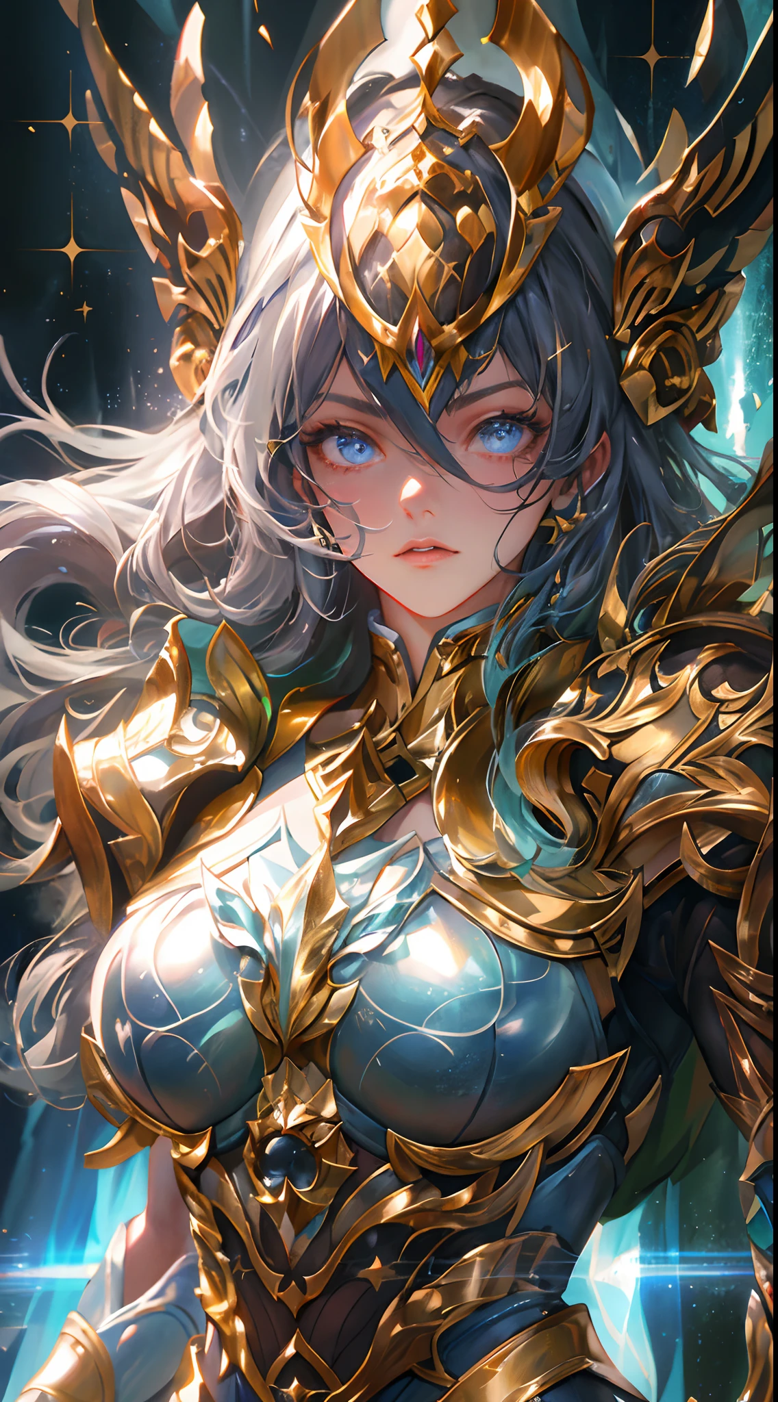 Ultra-high saturation，（tmasterpiece）， fully body photo，（best qualtiy）， （1girll）， starryskybackground，Wearing shiny gold armor， Sexy lingerie type armor，Expose your chest，Expose the waistline，Exposing thighs，cool-pose， Saint Seiya Armor， messy  hair，high detal, Anime style, Cinematic lighting, Sparkle, god light, Ray traching, filmgrain, hyper HD, textureskin, super detailing, Anatomical correct, A high resolution，Ultra-high saturation，hight contrast，High-gloss armor，Smooth skin，Serious expressions,Dark room,