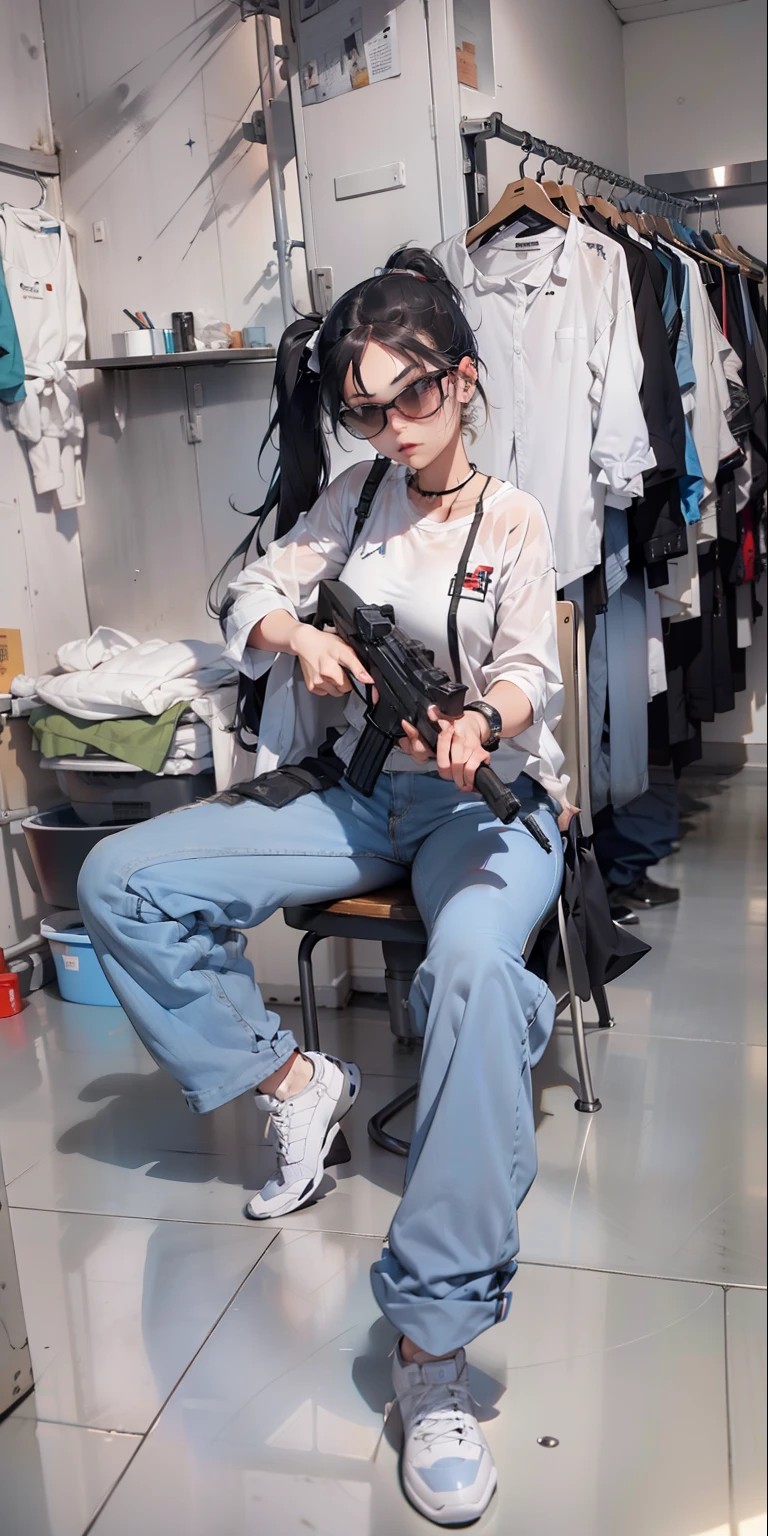 The woman sitting in the chair was in the room with a gun, with pistol, with rifle, photoshoot poses, inspired by Leng Mei, dramatic wielding gun pose, 2 0 2 0 fashion, ultra realistic ar 16:9, With a gun, real life size, 🕹️ 😎 🔫 🤖 🚬, cinematic —ar 16:9, MP5S