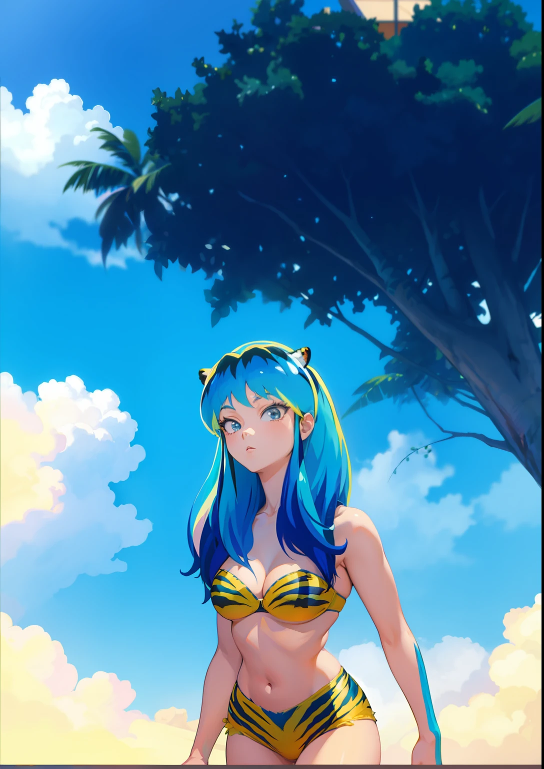 There is a woman with blue hair and a tiger print bikini top, painted in anime painter studio, Urusei Yatsura Ram