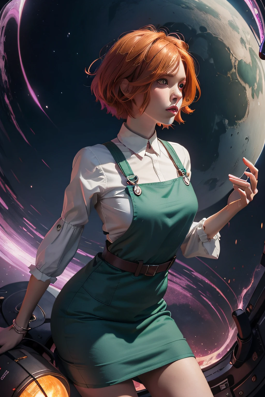 concept art, overhead angle of a Will-o'-the-wisp, wearing Funny Somali Emerald deep orange Pinafore, Caramel hair styled as Short hair, fluorescent purple Hair tie, equirectangular 360, Highres,  [(art by Willi Baumeister:1.1), (art by John T. Biggers:1.2)::17], official art, unity 8k wallpaper, ultra detailed, aesthetic, masterpiece, best quality, photorealistic