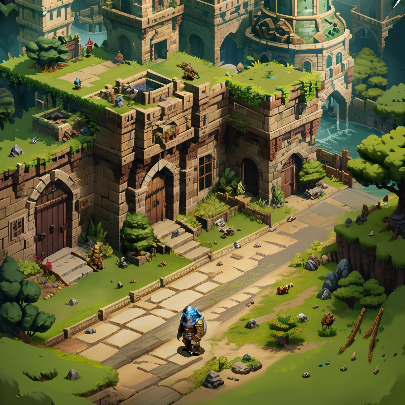 Horizontal pixel games,(Pixel art:1.4),Q version《dungeons and dragons》,borgar,warrior,Armor,The tree,Wagas,Steps,Monsters,Wasteland,drak,((best qualtiy)),super-fine,8K,A detailed,acurate