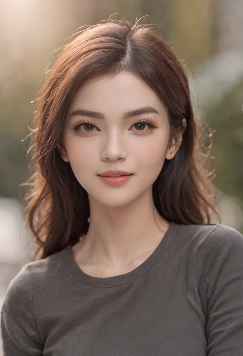 （（best qualtiy，8k，Slim Faces：1.3）），1girll，ssmile，Slim Faces，Beautiful woman，with short dark brown hair，White crisp shirt on the upper body, wide-legged jeans on the bottom，athletic sneakers，Super detailed face，Detailed eyes，二重まぶた，in a cafe