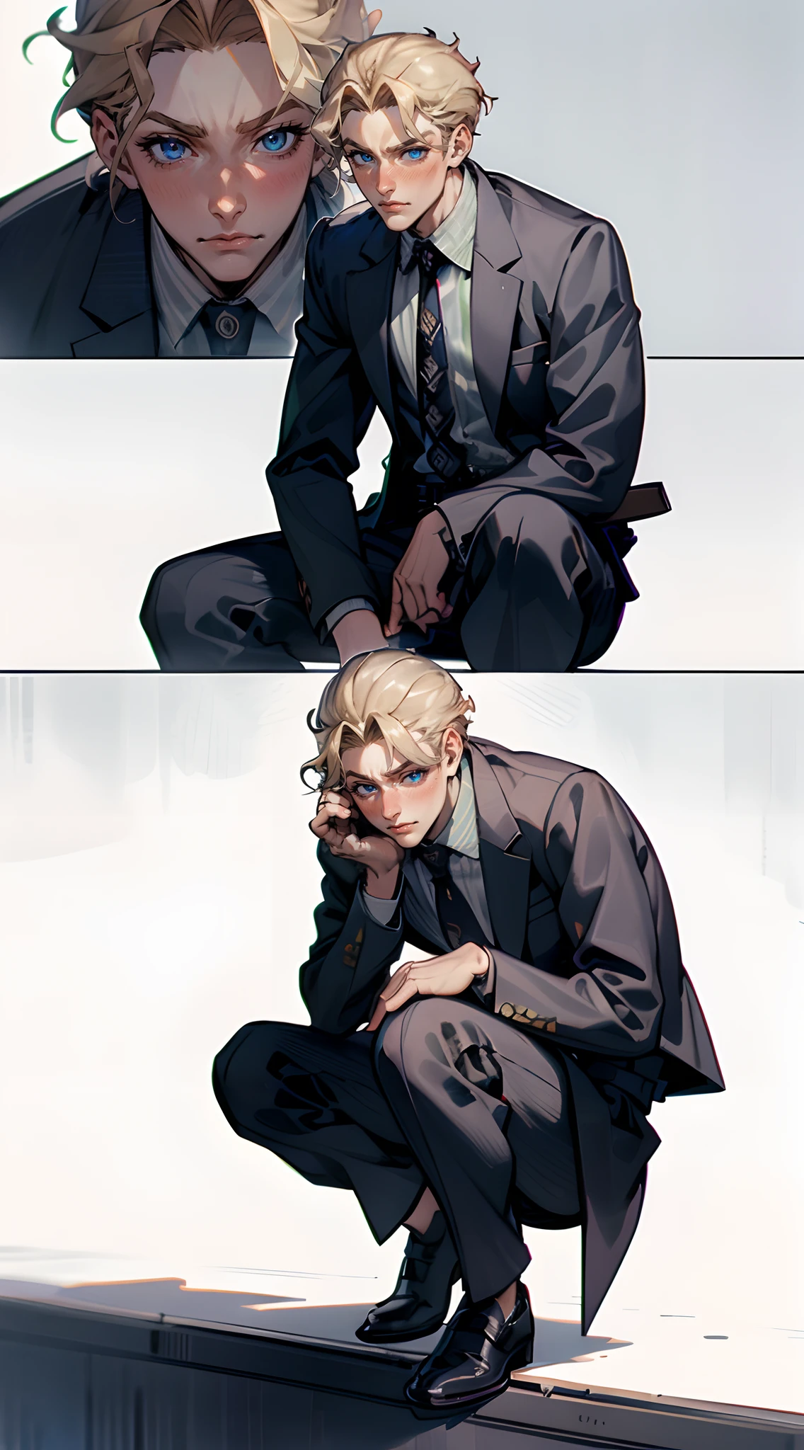 kirayoshikage, kira yoshikage, 1boy, blonde hair, short hair, mature male, cheekbones, blue eyes,
BREAK belt, formal, necktie, shoes, suit,
BREAK looking at viewer, flustered, shy, slight blush, uncomfortable, holding plushie
BREAK (masterpiece:1.2), best quality, high resolution, unity 8k wallpaper, (illustration:0.8), (beautiful detailed eyes:1.6), extremely detailed face, perfect lighting, extremely detailed CG, (perfect hands, perfect anatomy), squatting