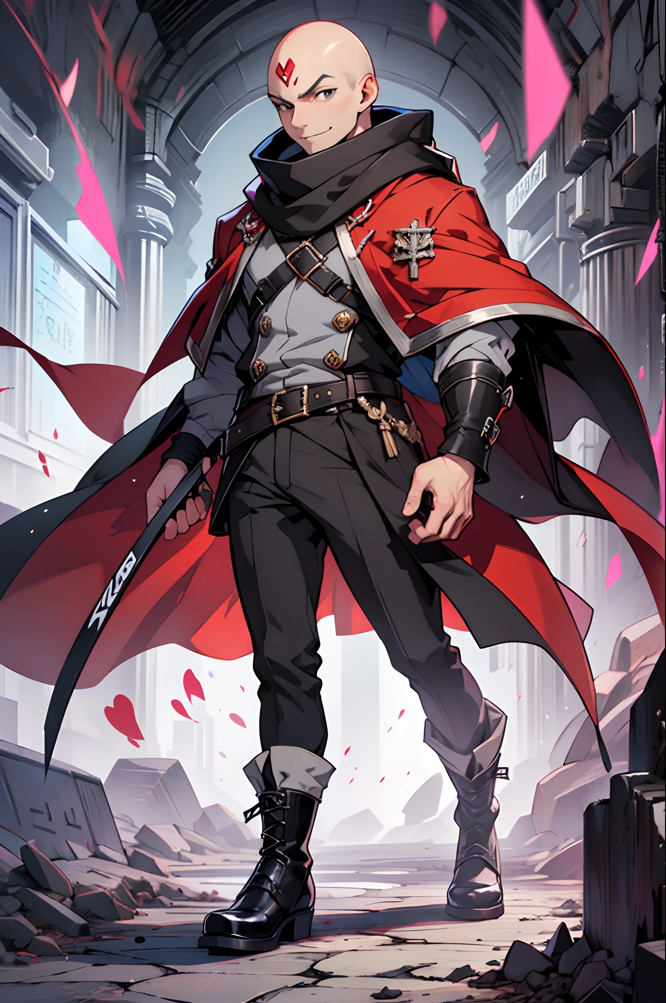 male character, gray eyes: 2:4, (((bald))), white scars on his face horizontally across his forehead, heavy gray scarf, black trickster outfit, smirk, black boots, in a cave with scattered treasures, anime style , dynamics, particles around hearts, full body, animation quality, anime icon, new jersey, looking at camera from face, 8k, full length, best background, clergyman's cloak, rough art, awesome titles, ultra HD, cute expression, insane title, perfect hands --auto --s2