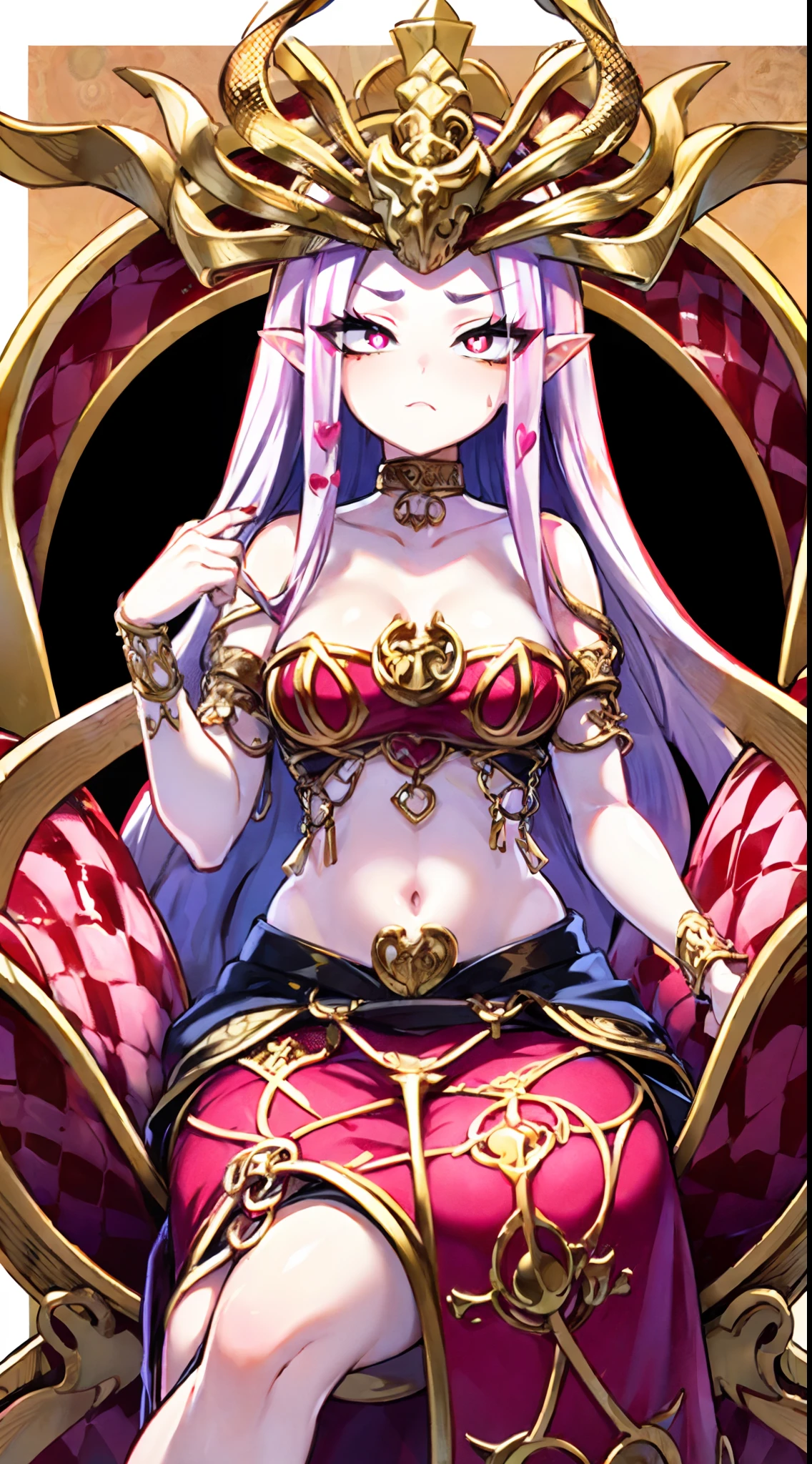 Medusa，（A white border around a red rectangular background：2.5)，There are very snakes in the background，long  skirt，sitting down， D-cups，ahegao face，stooped，High detail,Moles under eyes, Heart-shaped pupils，Love pupils，cropped shoulders，Lots of hearts，Fleshy thighs,highly rendered，detailed face with