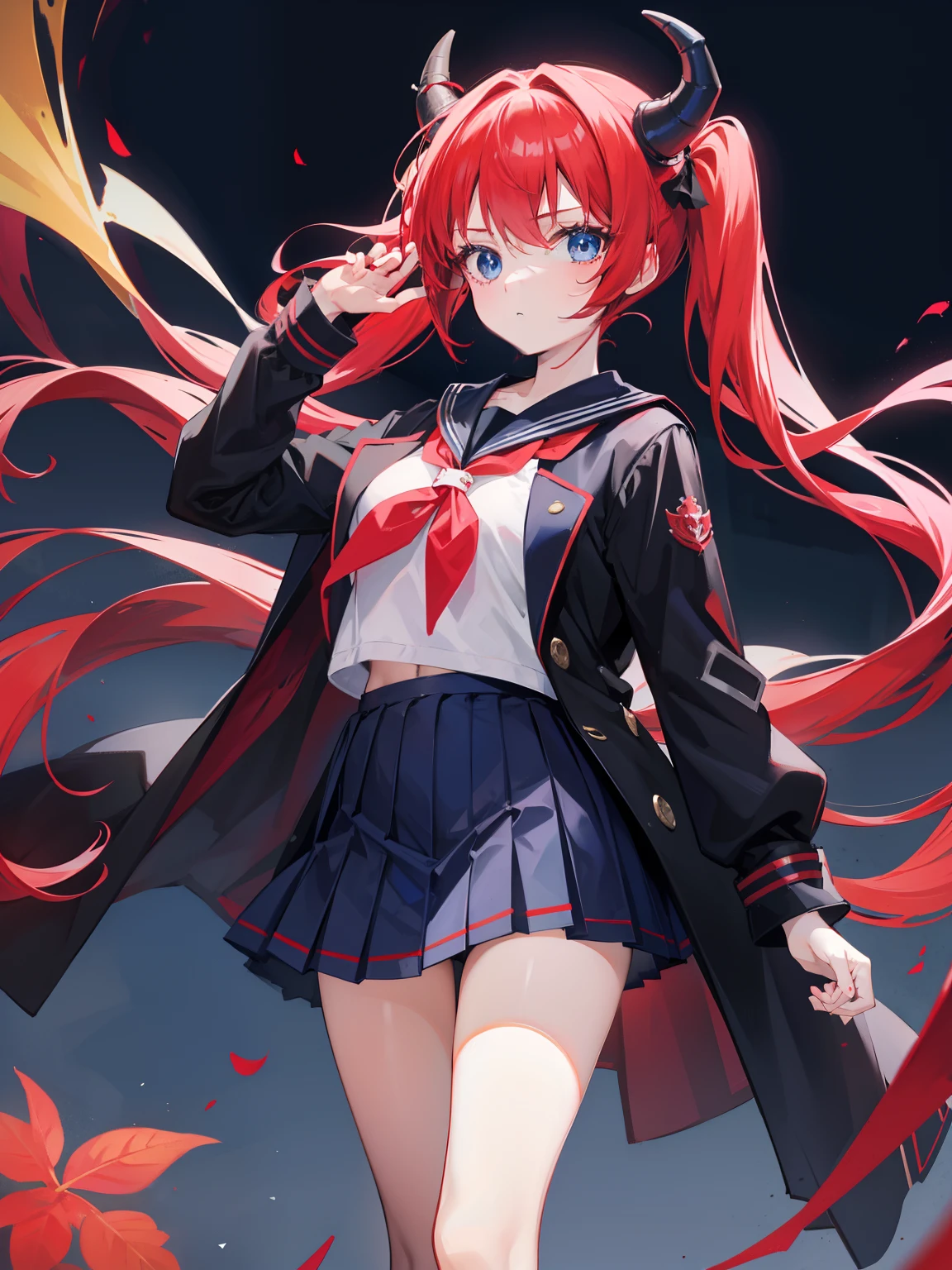 red hair, blue eyes, twintails, Sailor suit,black coat, Pleated skirt,solo,,cute,bow,Dragon horns