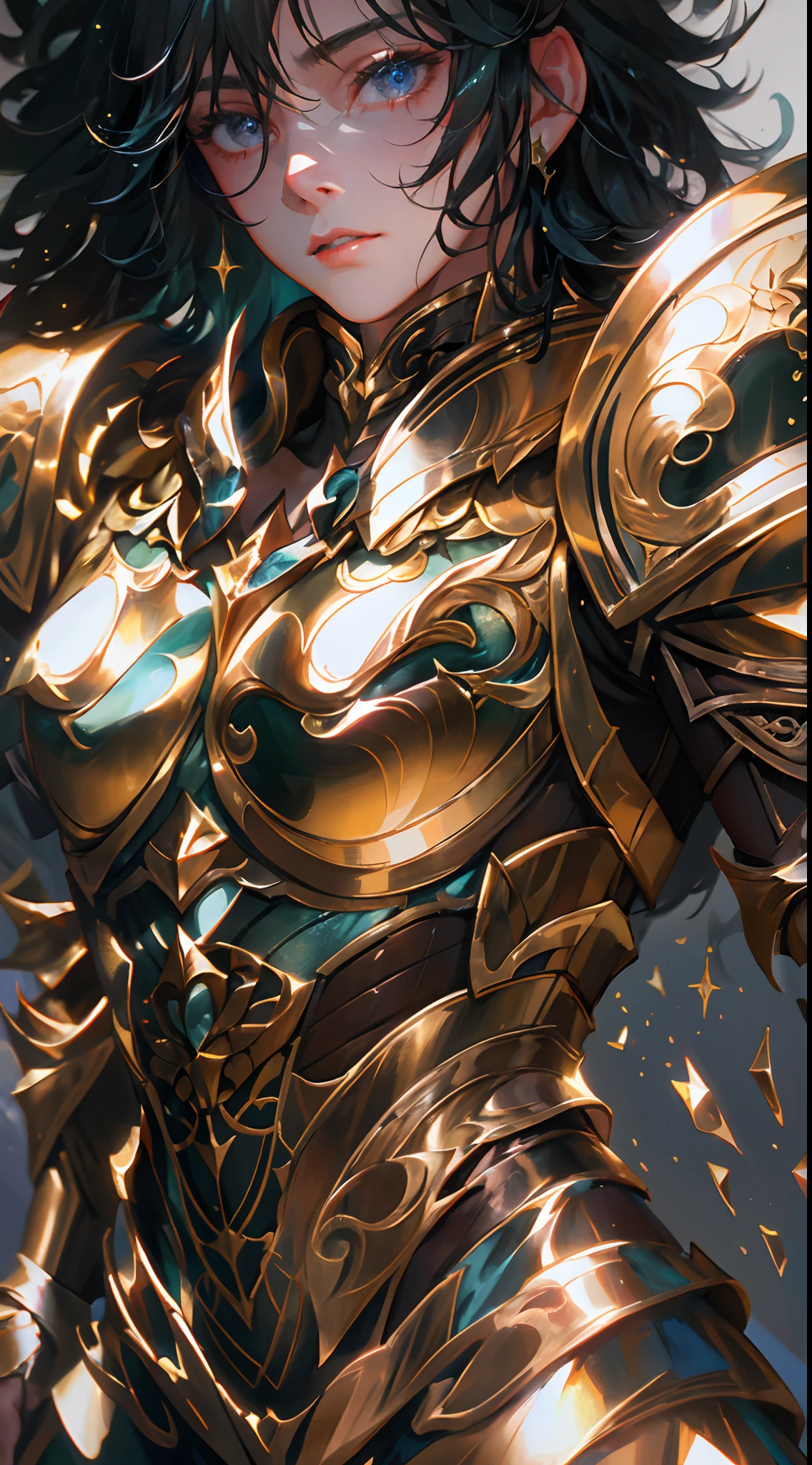 Ultra-high saturation，（tmasterpiece）， fully body photo，（best qualtiy）， （1girll）， starryskybackground，Wearing shiny gold armor， Sexy lingerie type armor，Expose your chest，Expose the waistline，Exposing thighs，cool-pose， Saint Seiya Armor， messy  hair，high detal, Anime style, Cinematic lighting, Sparkle, god light, Ray traching, filmgrain, hyper HD, textureskin, super detailing, Anatomical correct, A high resolution，Ultra-high saturation，hight contrast，High-gloss armor，Smooth skin，Serious expressions,Dark room,