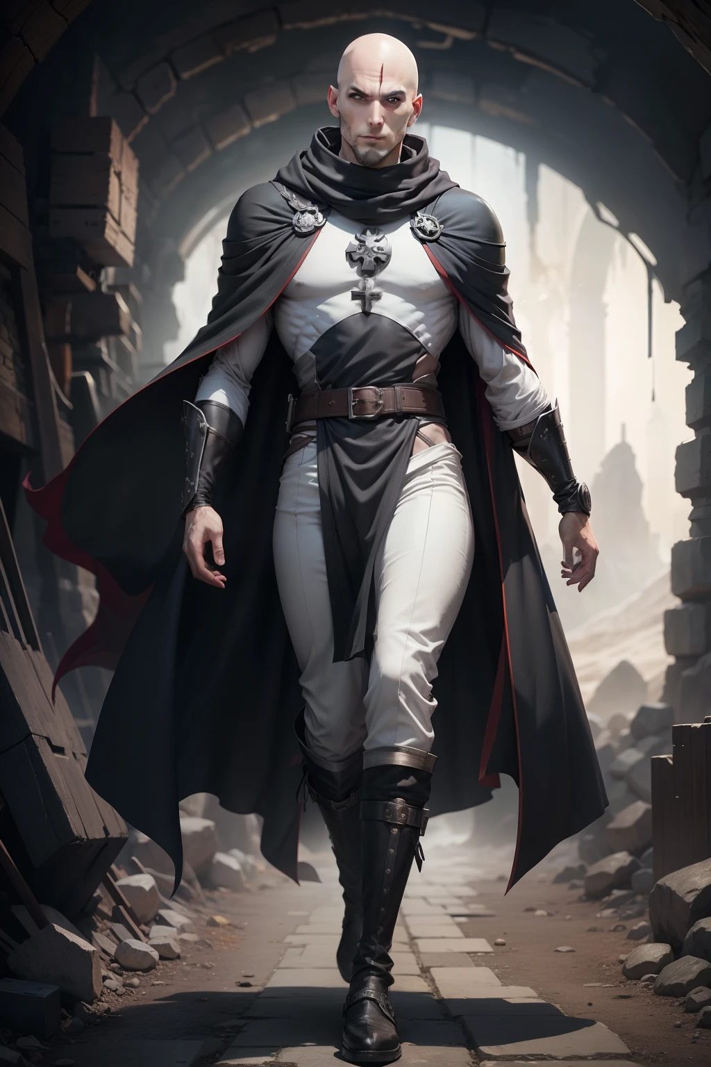 male character, gray eyes: 2:4, (((bald))), white scars on his face horizontally across his forehead, heavy gray scarf, black trickster outfit, smirk, black boots, in a cave with scattered treasures, anime style , dynamics, particles around hearts, full body, animation quality, anime icon, new jersey, looking at camera from face, 8k, full length, best background, clergyman's cloak, rough art, awesome titles, ultra HD, cute expression, insane title, perfect hands