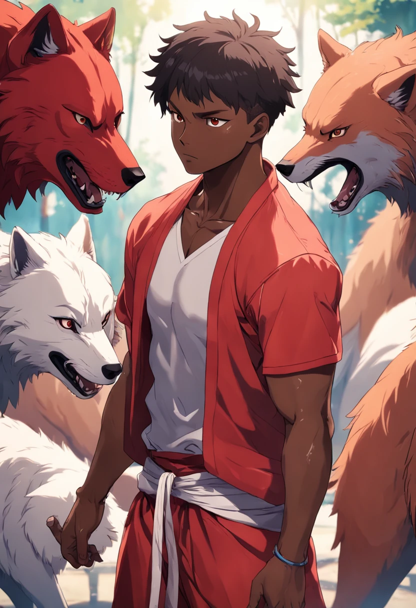 Black man with short hair Social red cord of Capoeira with wolf characteristics
