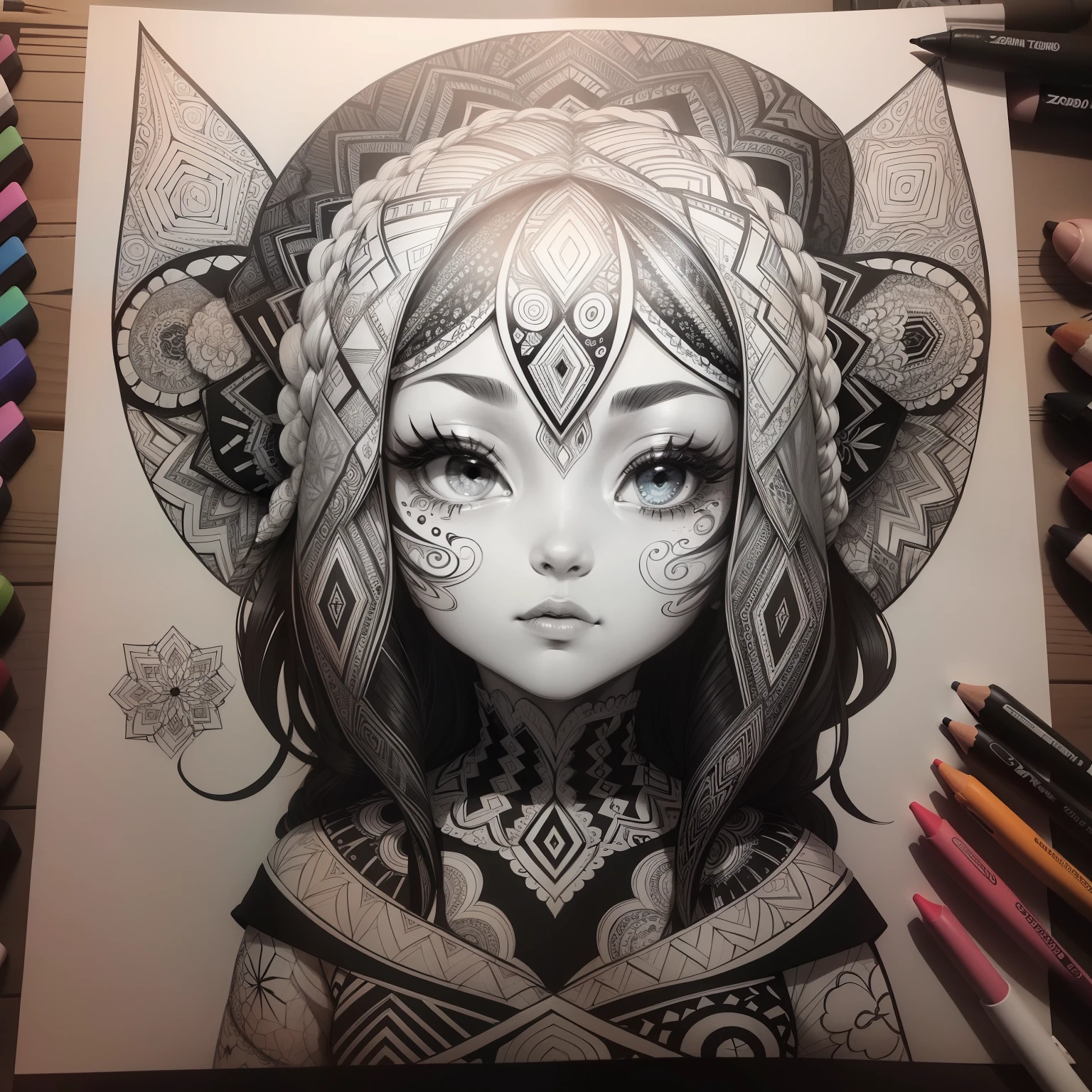 Zentangle, coloring book illustratio, black and white, fine line art, fine line drawing (brains),  Eduardo Kobra acolchoamento ,multidimensional geometric PORTRAIT wall, arte, chibi,
yang08k, lindo, colorido, obras-primas, qualidade superior, melhor qualidade, arte oficial, beautiful and aesthetic,