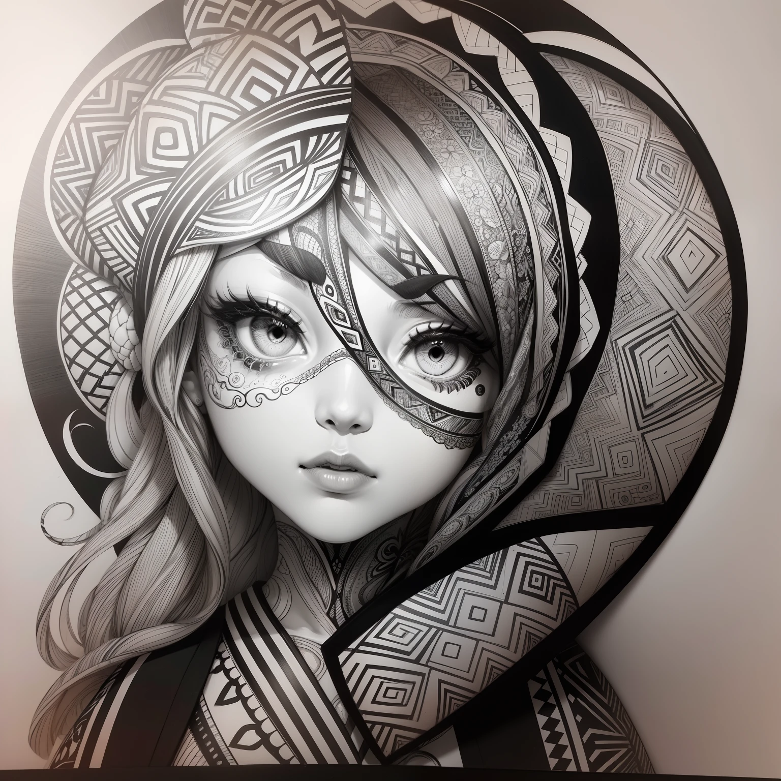 Zentangle, coloring book illustratio, black and white, fine line art, fine line drawing (brains), Eduardo Kobra acolchoamento ,multidimensional geometric PORTRAIT wall, arte, chibi,
yang08k, lindo, colorido, obras-primas, qualidade superior, melhor qualidade, arte oficial, beautiful and aesthetic,