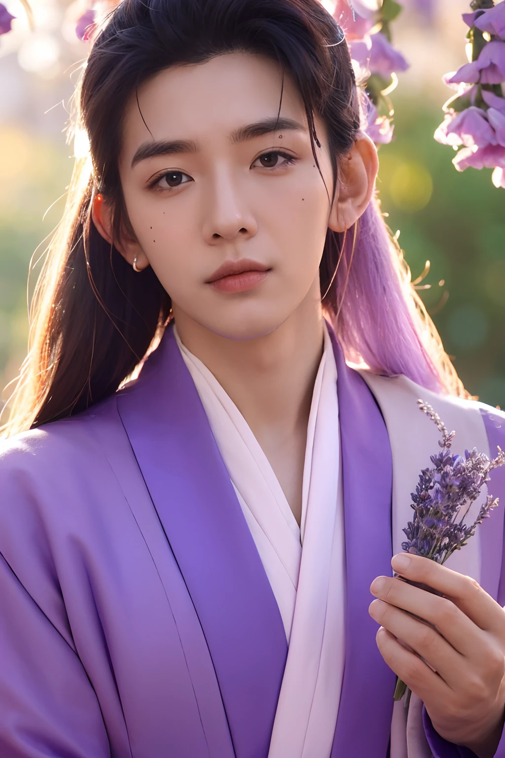 young and handsome man, wearing red hanfu, take a lavender, mole under the left eyebrow and nose tip, background bokeh